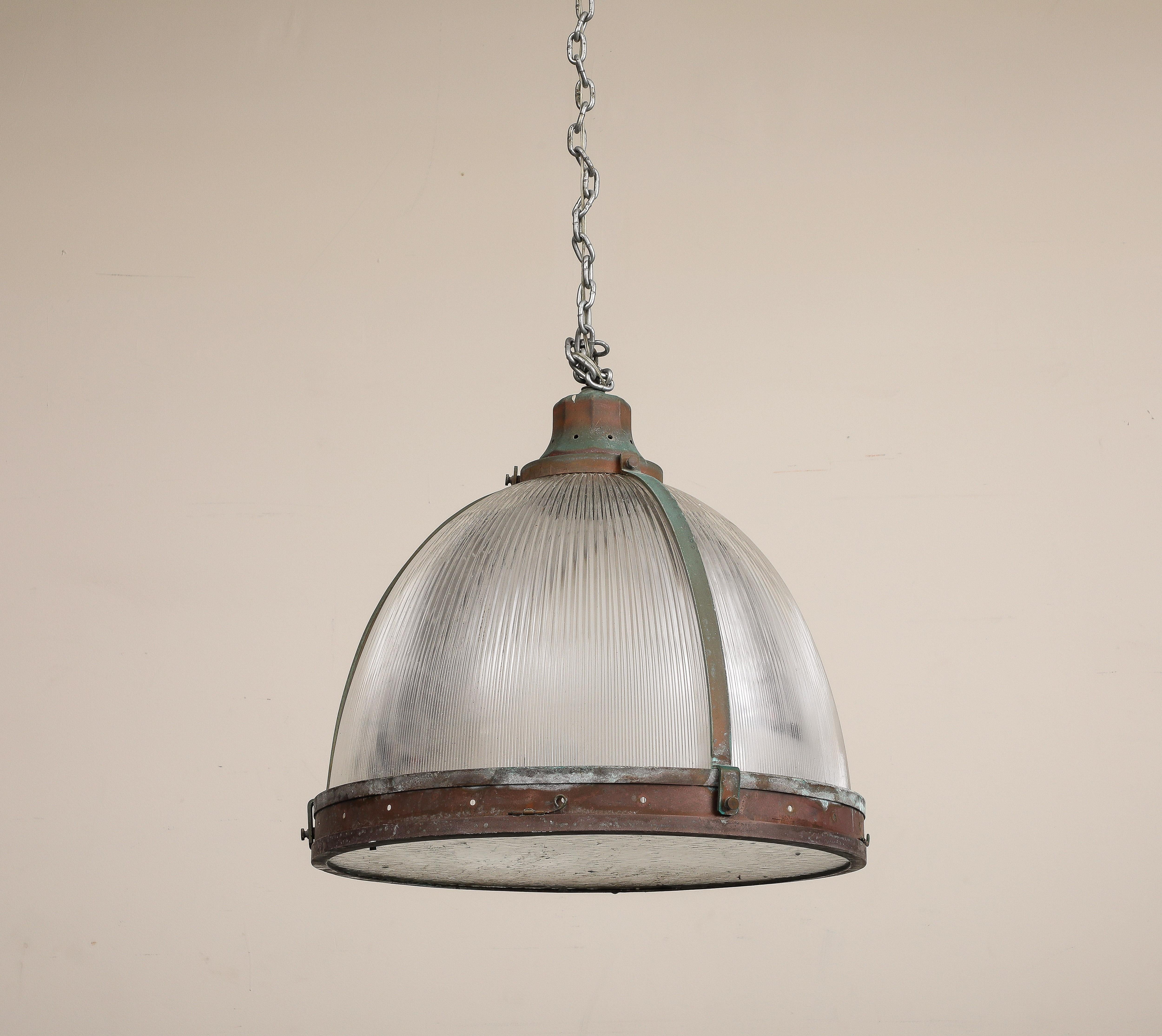 Metal Vintage Industrial Copper and Reeded Glass Pendant Light For Sale