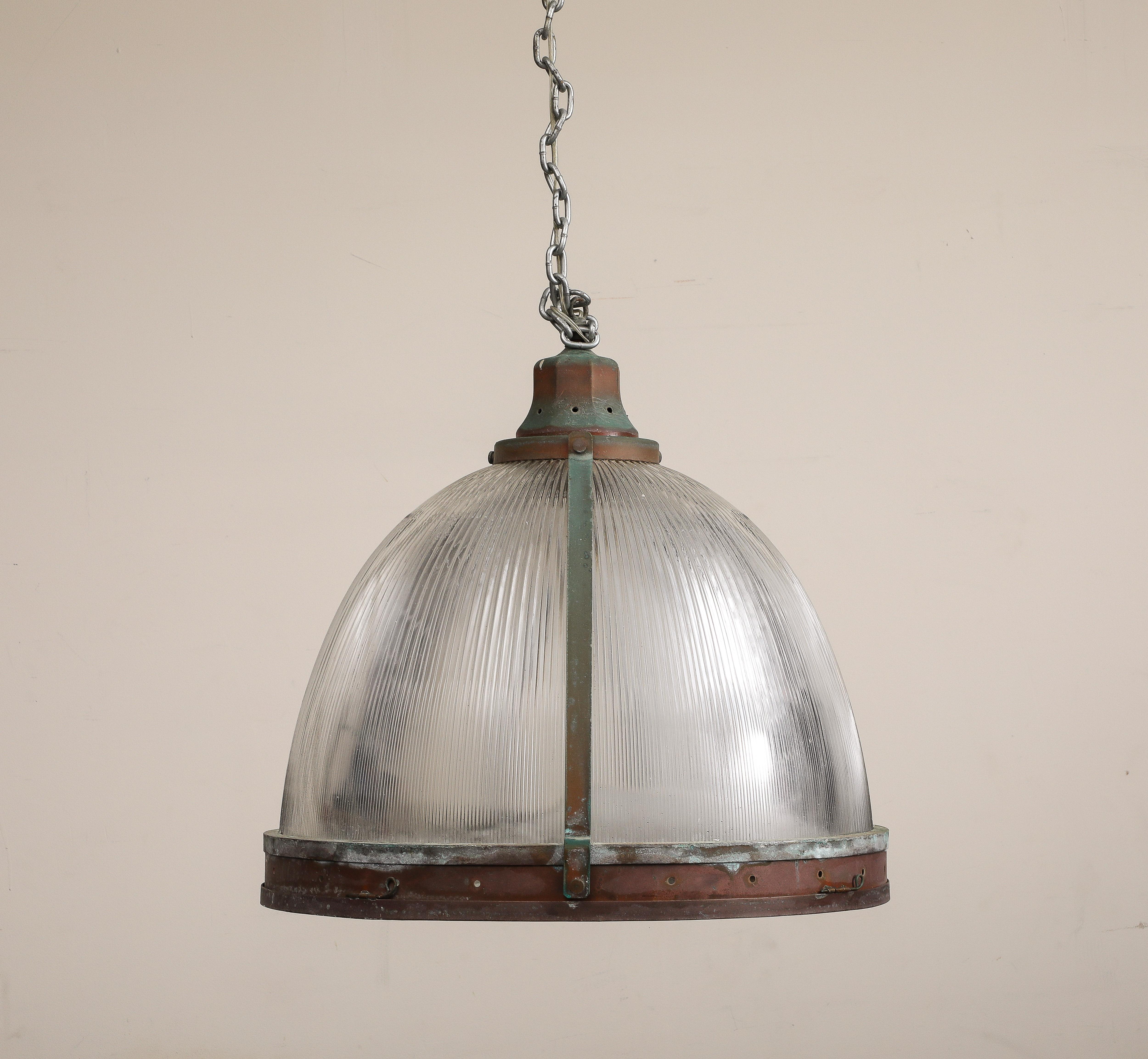 Vintage Industrial Copper and Reeded Glass Pendant Light For Sale 1