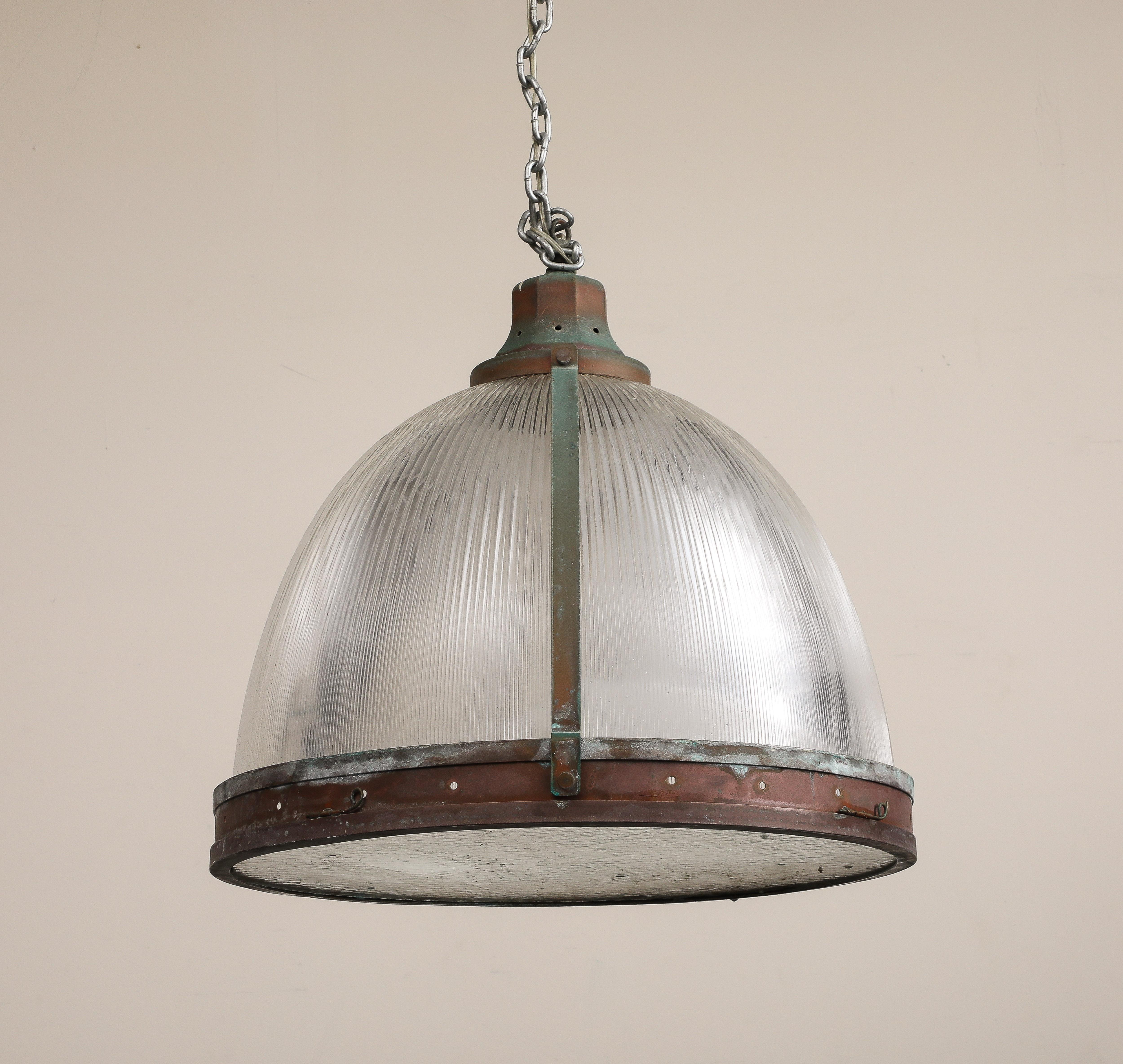Vintage Industrial Copper and Reeded Glass Pendant Light For Sale 2