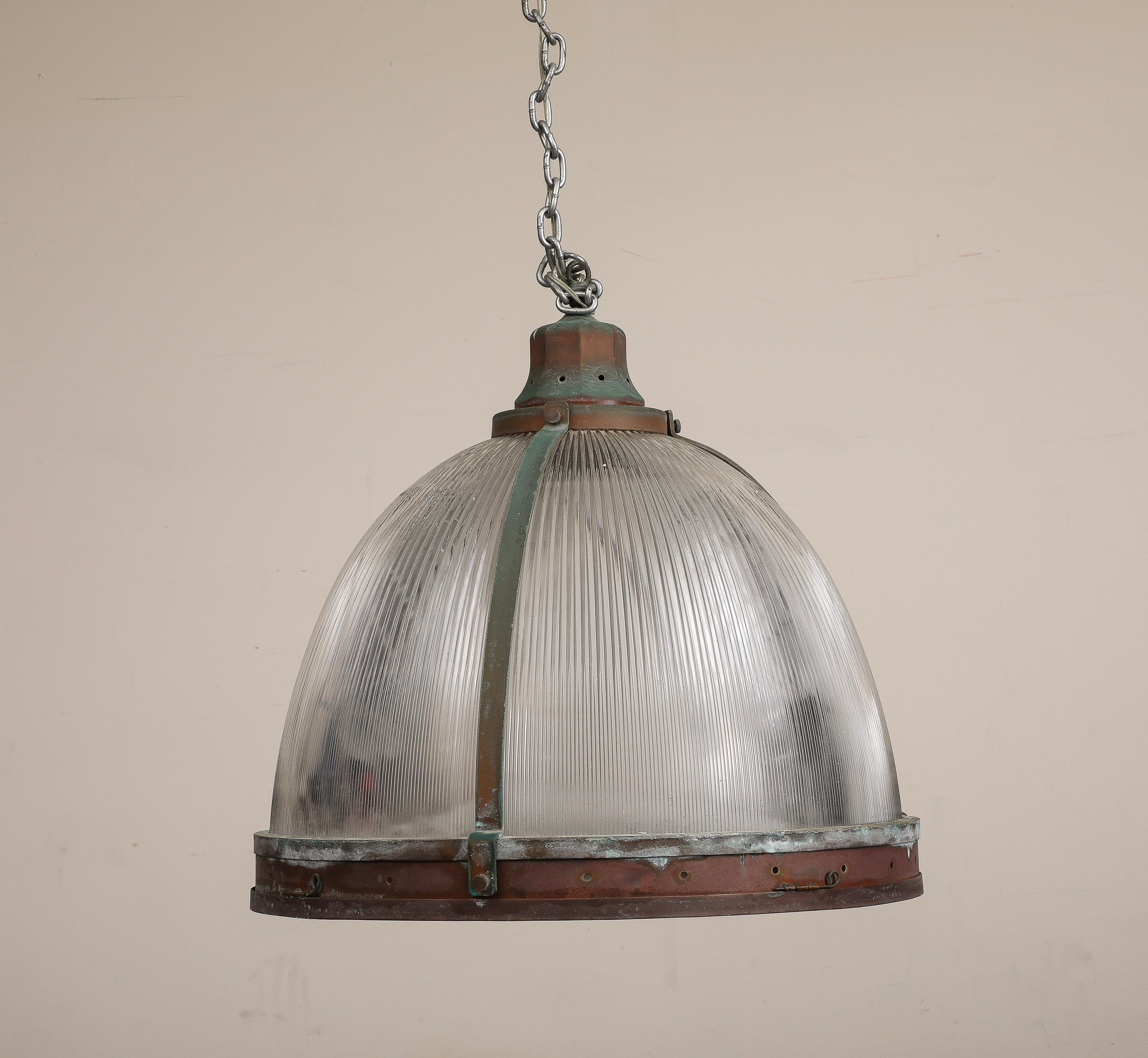 Vintage Industrial Copper and Reeded Glass Pendant Light For Sale 3