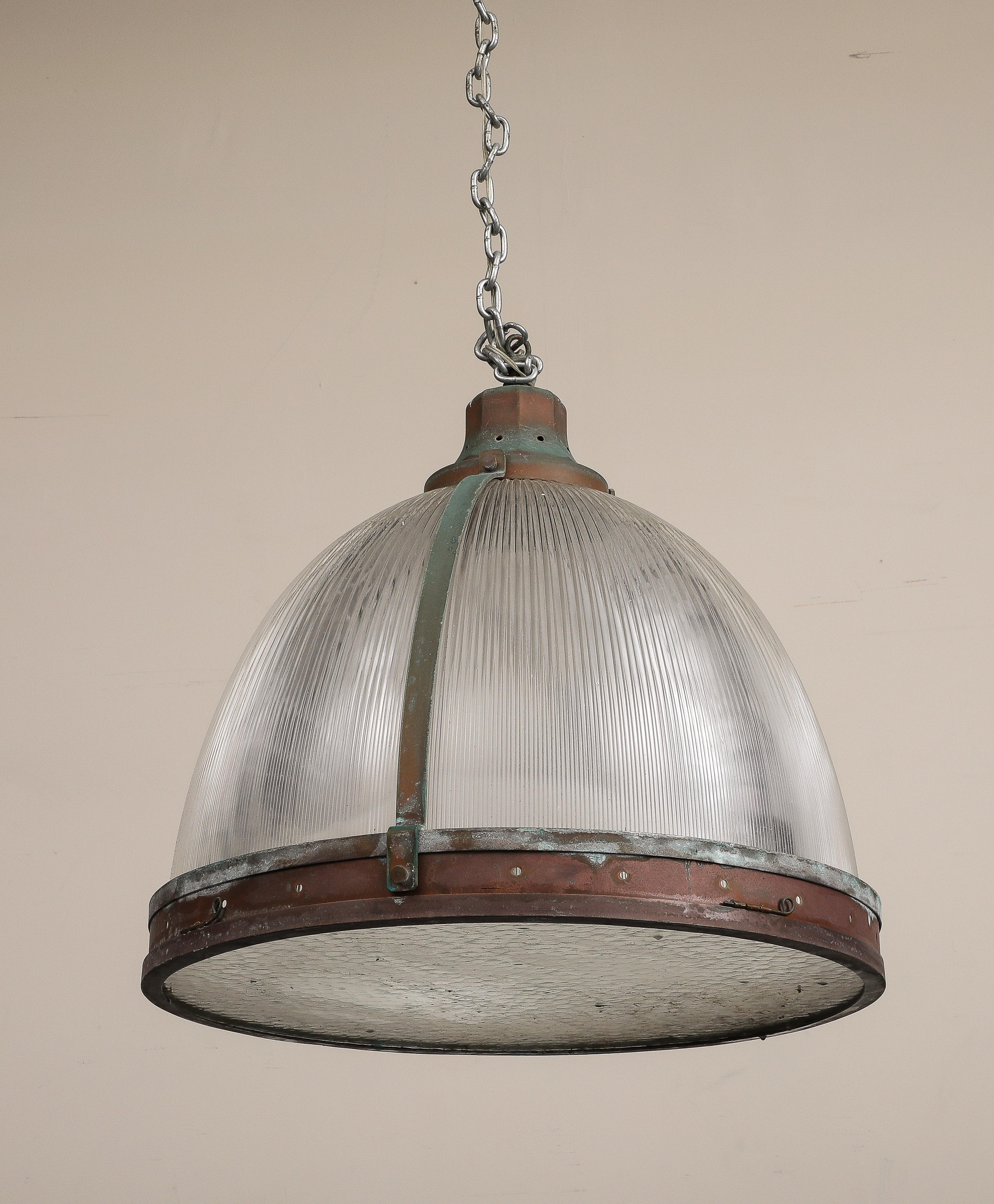 Vintage Industrial Copper and Reeded Glass Pendant Light For Sale 4