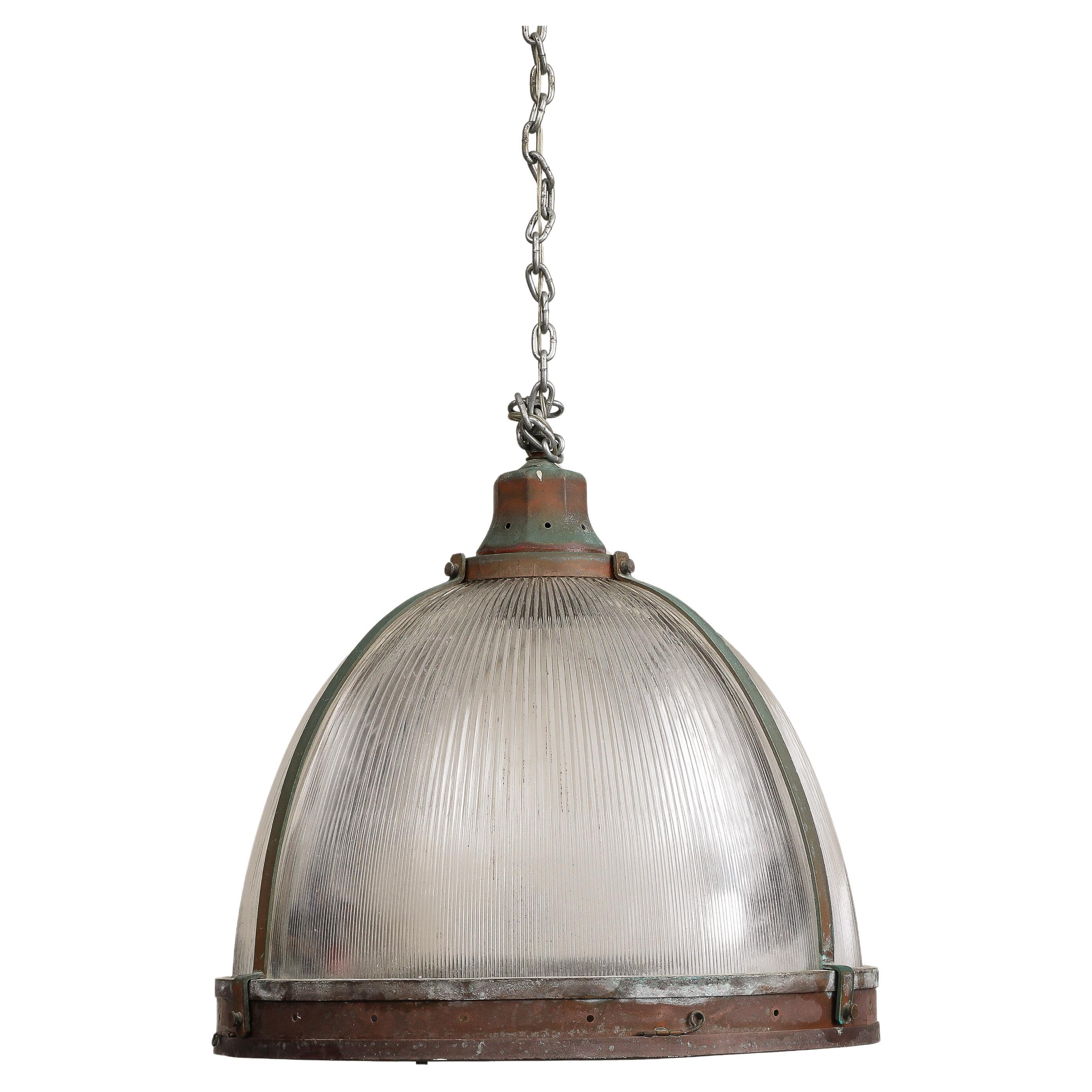 Vintage Industrial Copper and Reeded Glass Pendant Light For Sale