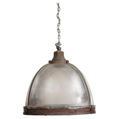 Vintage Industrial Copper and Reeded Glass Pendant Light