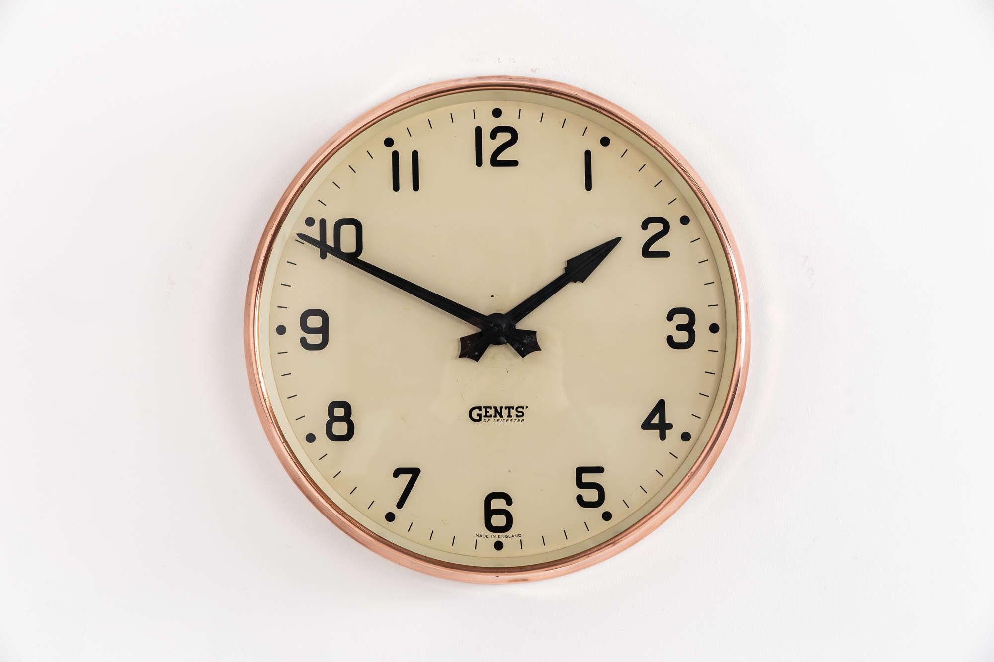 English Vintage Industrial Copper Gents of Leicester Factory Railway Wall Clock c.1930 For Sale