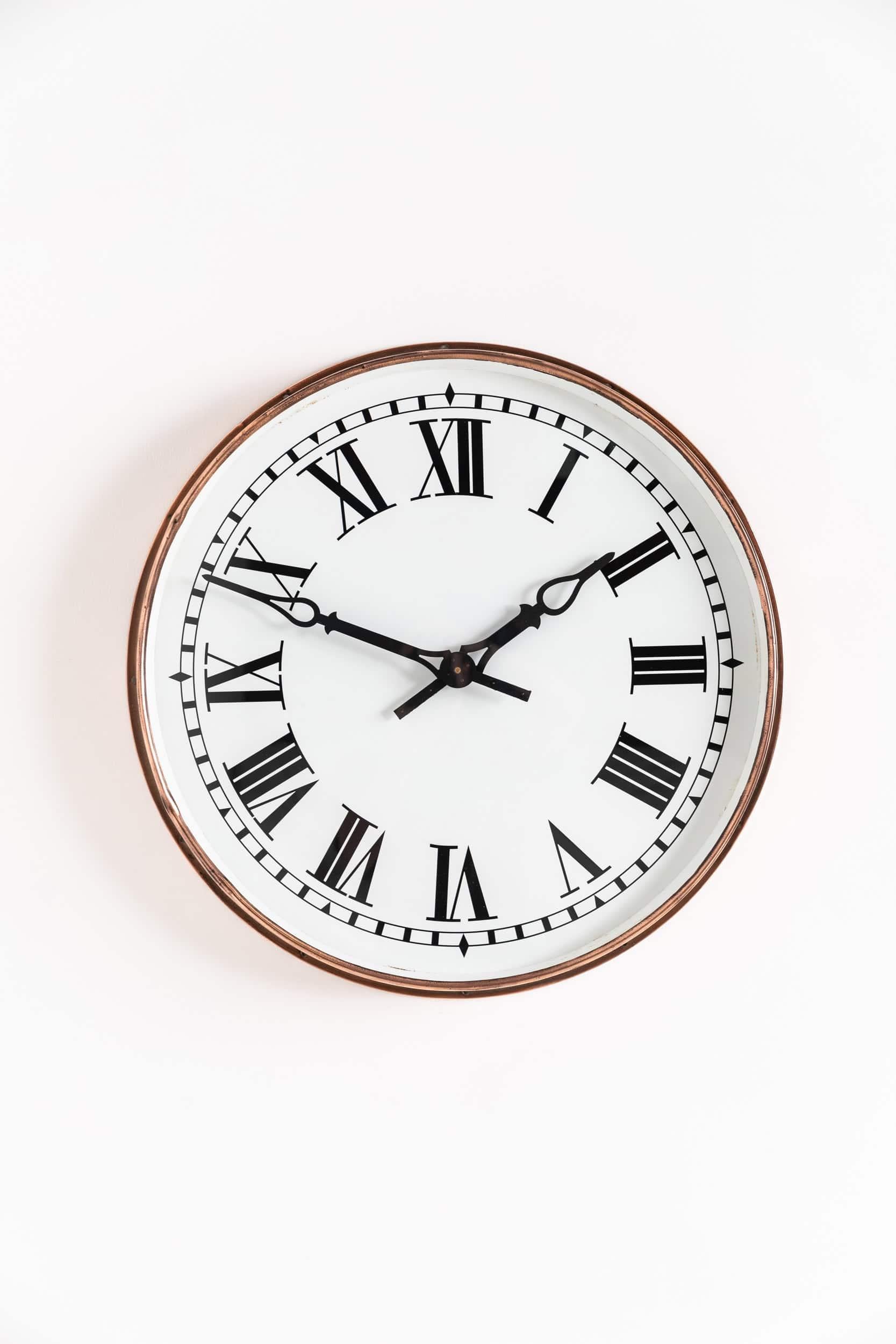 English Vintage Industrial Copper Self Winding Clock Company Railway Wall Clock c.1920