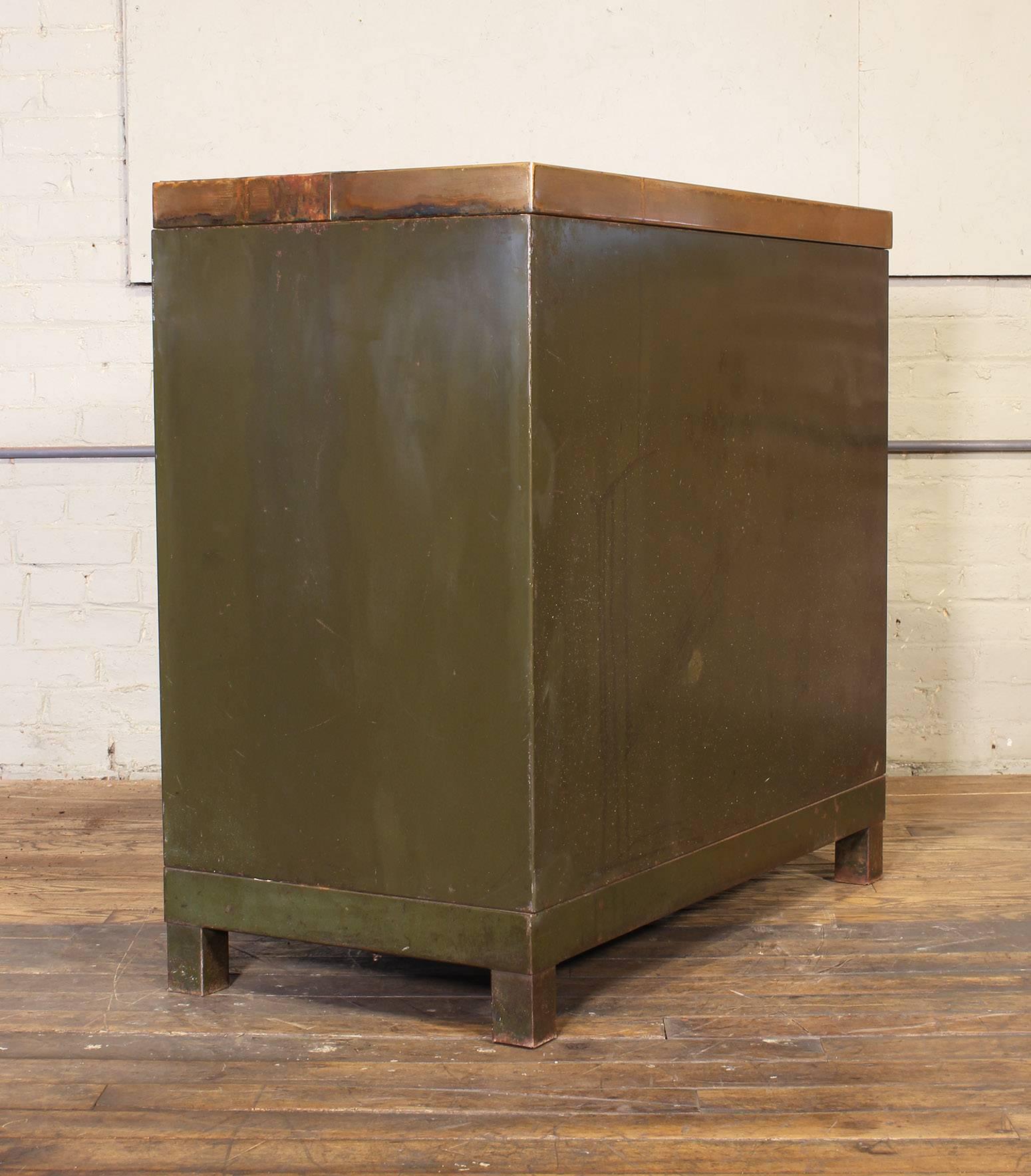 Vintage Industrial Copper Top Metal Storage Cabinet In Distressed Condition In Oakville, CT