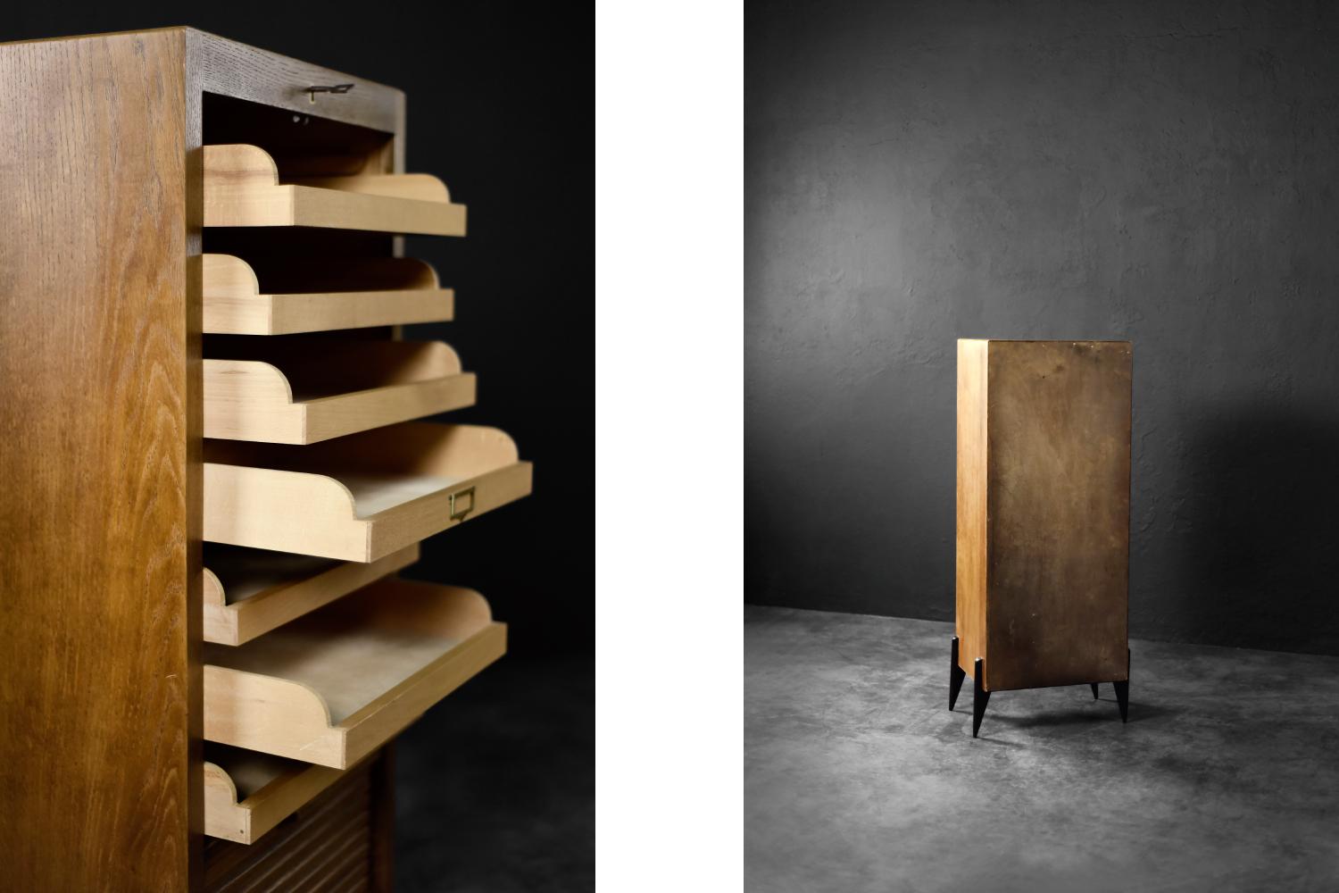 Vintage Industrial Danish Roller Shutter Brown Oak Kabinett mit mehreren Schubladen im Angebot 5