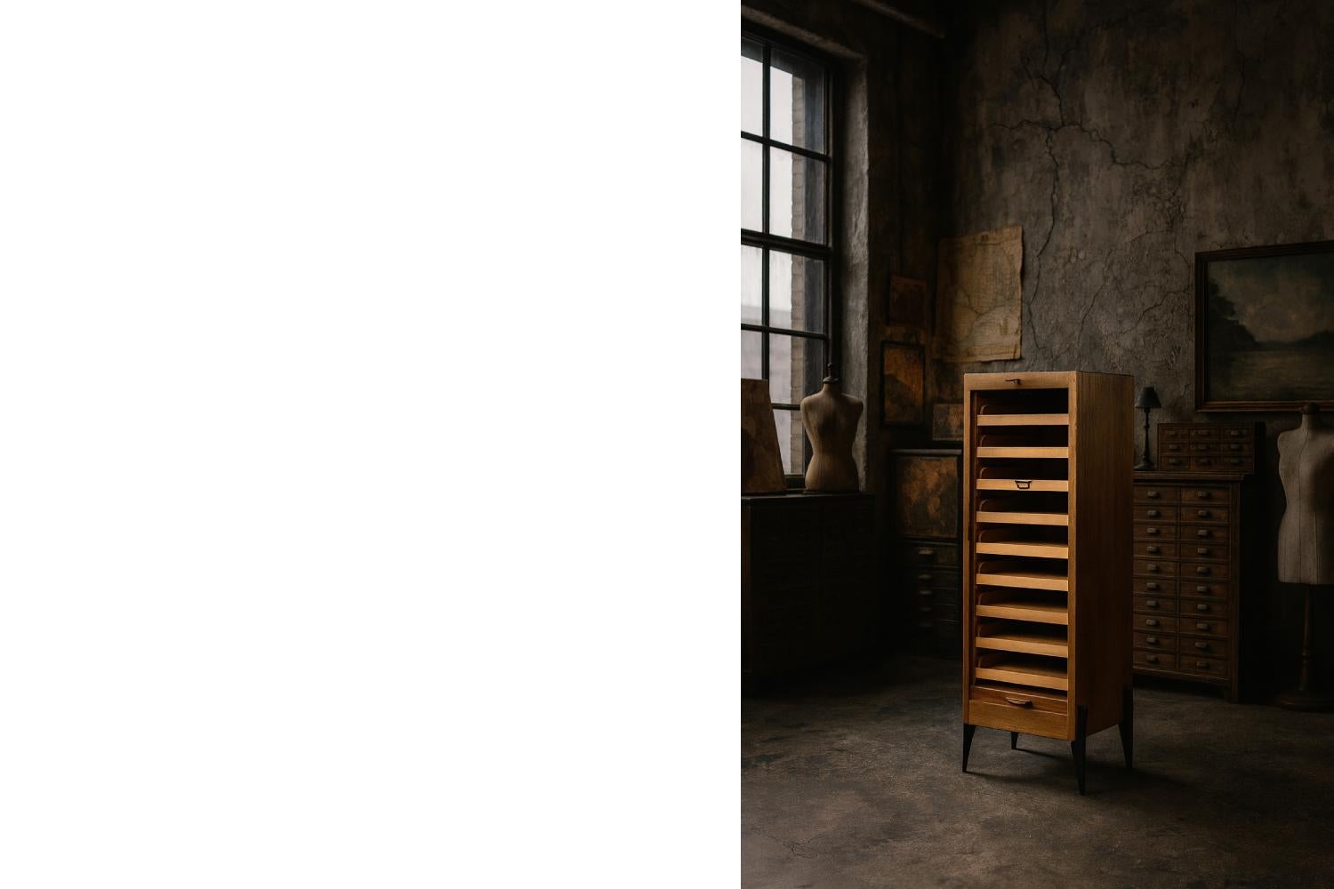 Vintage Industrial Danish Roller Shutter Brown Oak Kabinett mit mehreren Schubladen im Angebot 8