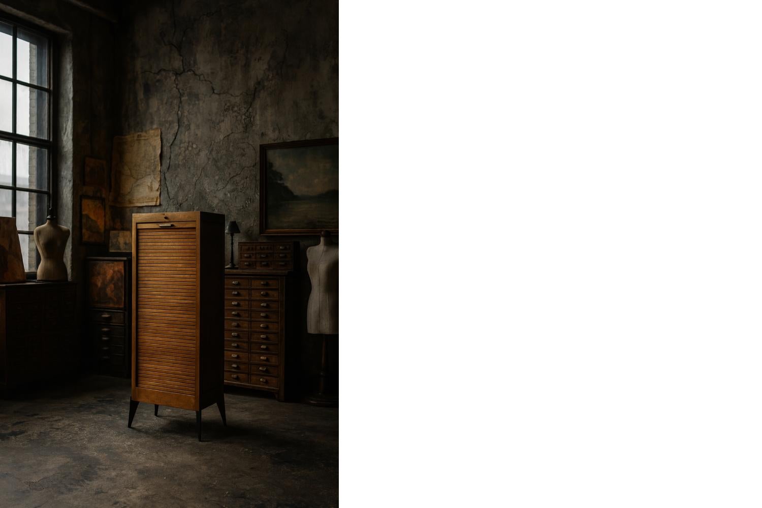 Vintage Industrial Danish Roller Shutter Brown Oak Kabinett mit mehreren Schubladen im Angebot 9