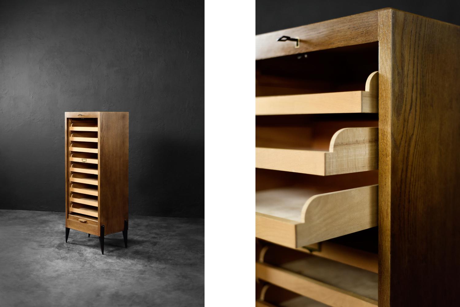 Vintage Industrial Danish Roller Shutter Brown Oak Kabinett mit mehreren Schubladen (Industriell) im Angebot