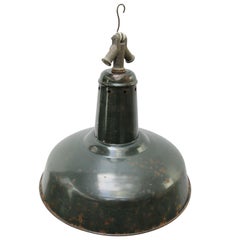 Lampe pendante industrielle vintage en émail vert foncé, années 1950