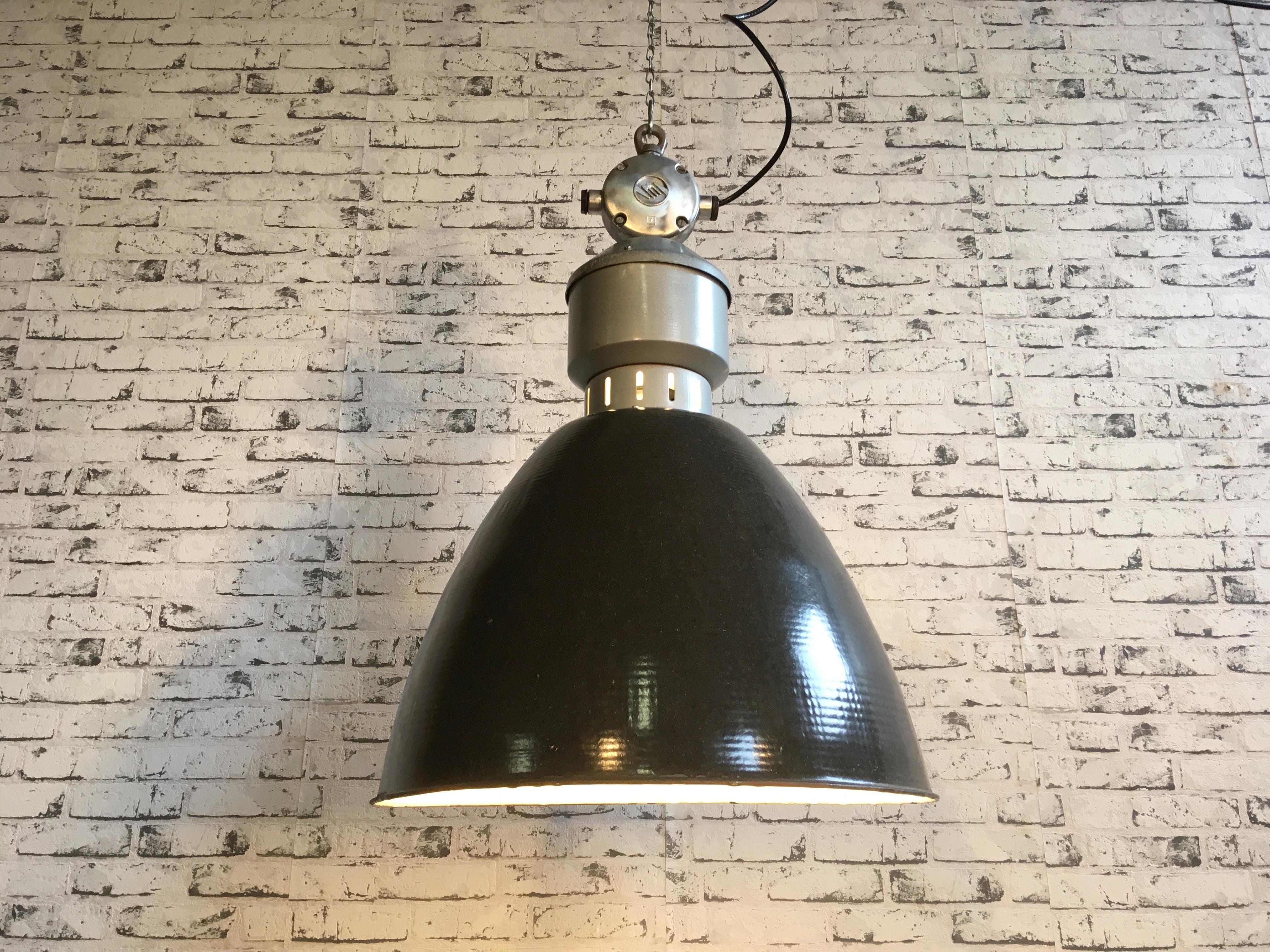 Vintage Industrial Dark Grey Enamel Pendant Lamp In Good Condition In Kojetice, CZ