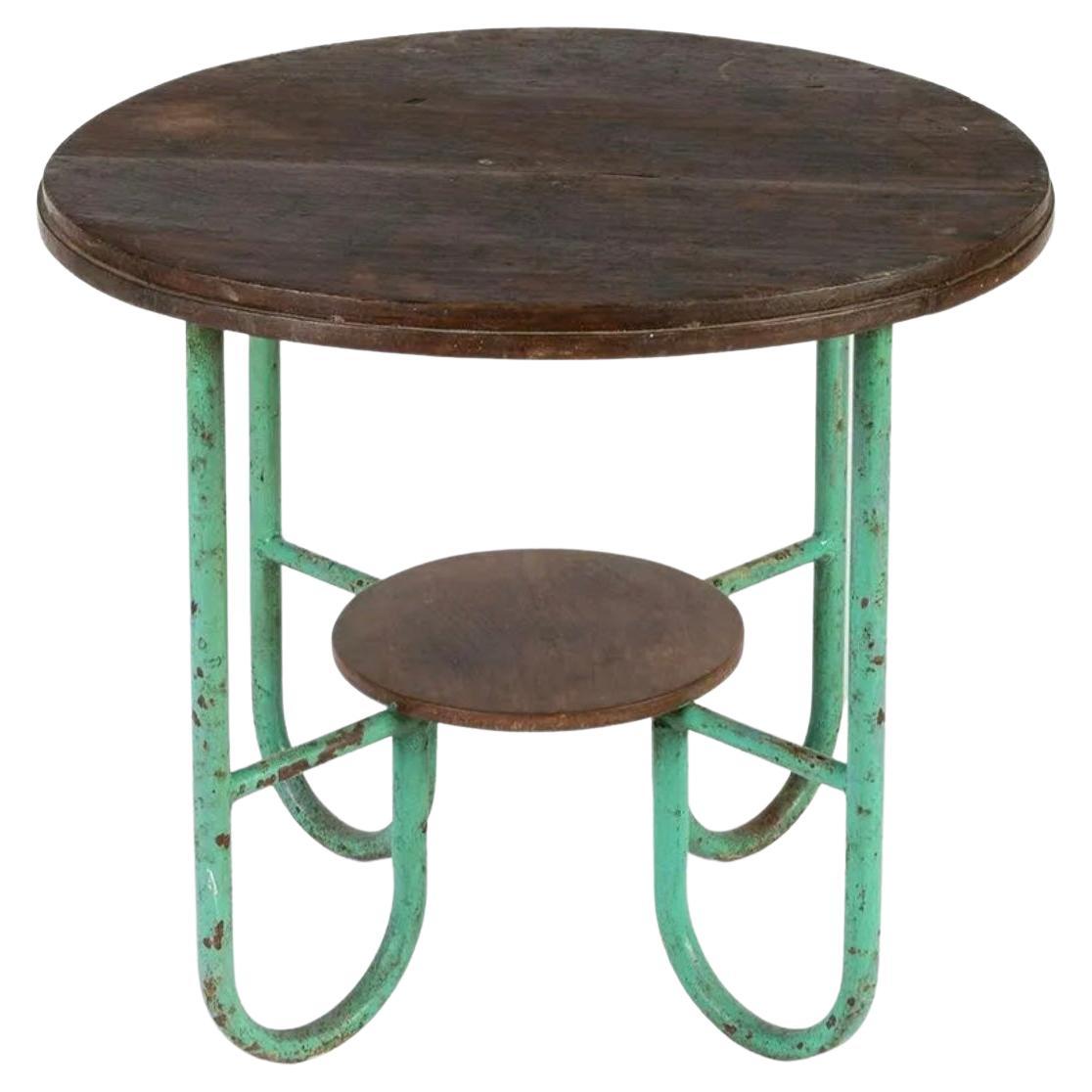 Industrieller Vintage-Couchtisch, Beistelltisch, Nussbaumstahl, Frankreich, 1930er Jahre