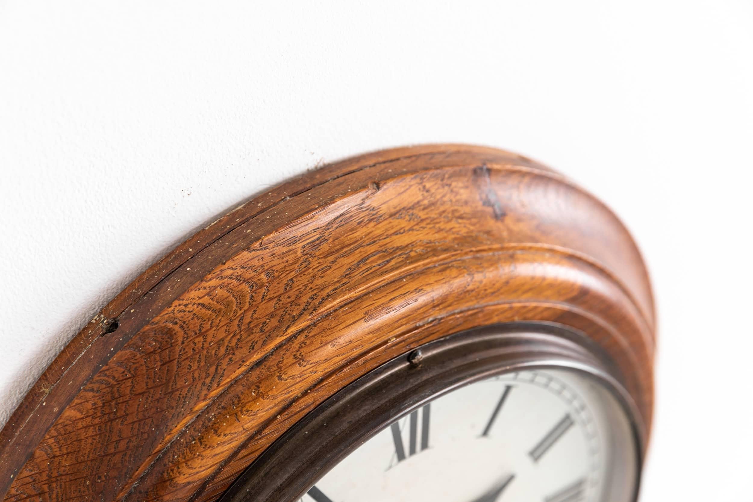 Pressed Vintage Industrial Diminutive Wooden Magneta Factory Railway Wall Clock, c.1930 For Sale