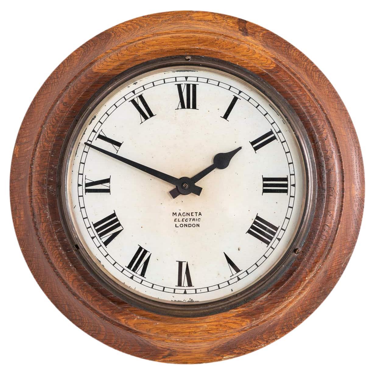 Vintage Industrial Diminutive Wooden Magneta Factory Railway Wall Clock, c.1930 For Sale