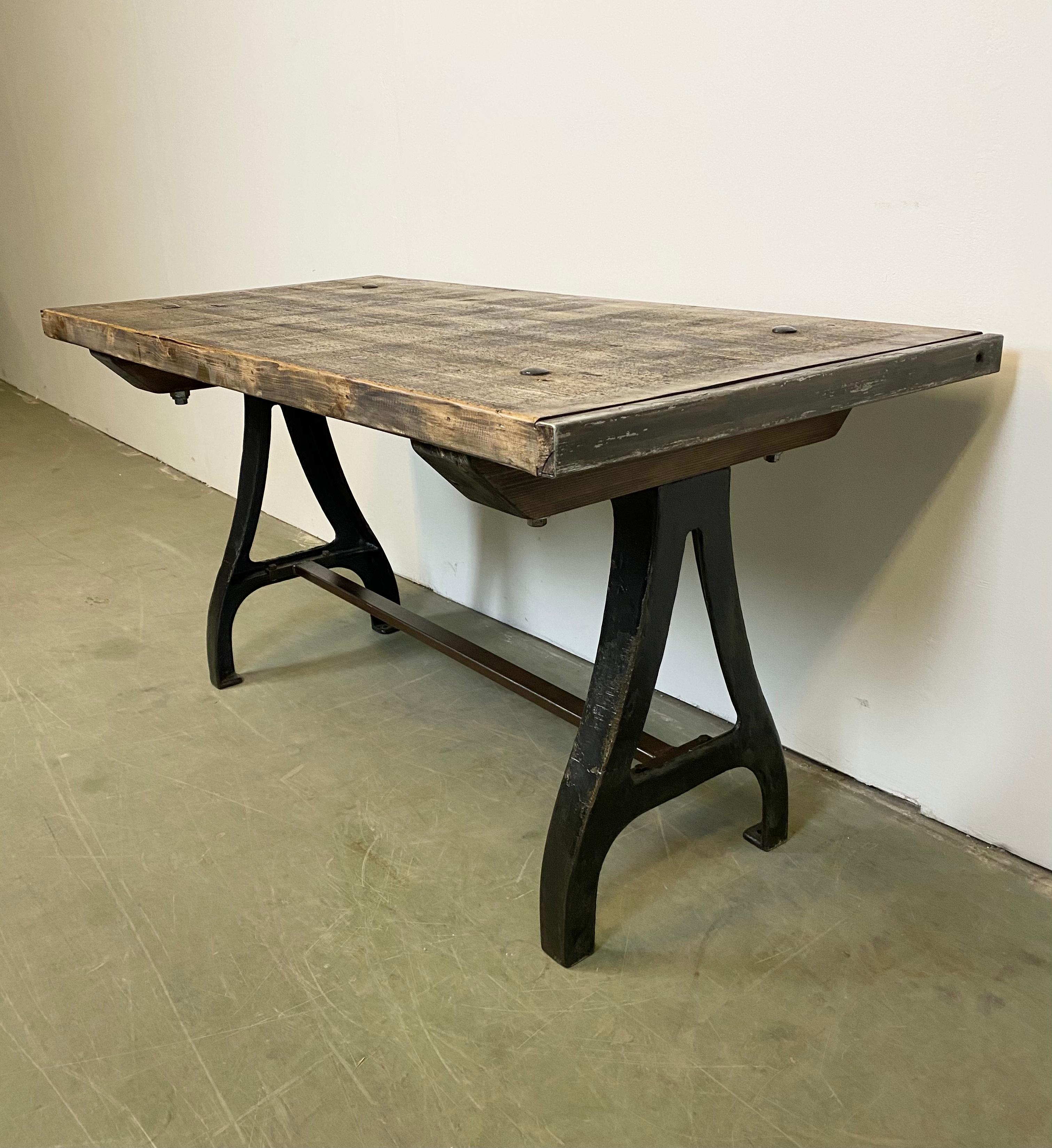 European Vintage Industrial Dining Table with Cast Iron Legs