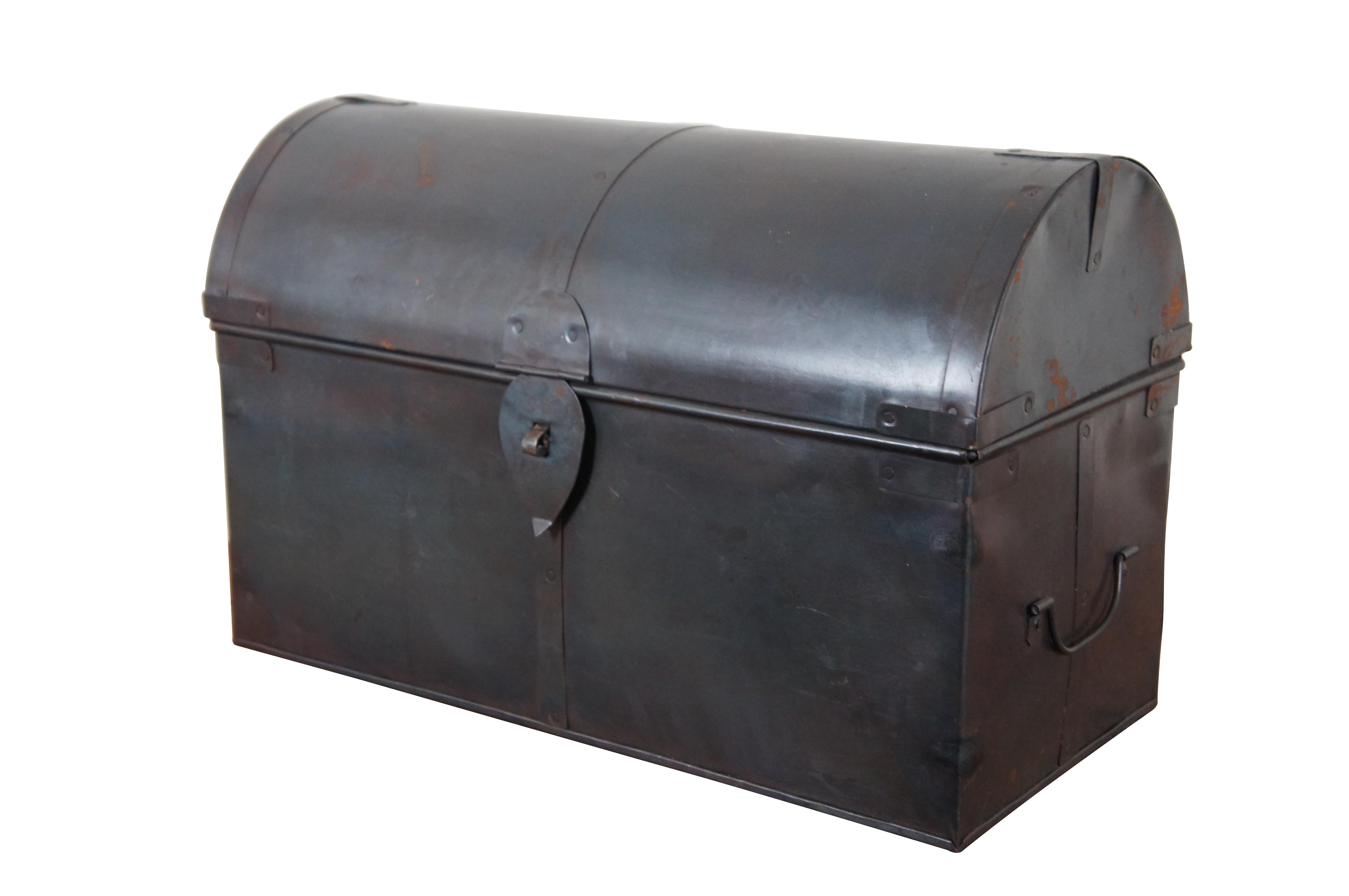 Vintage black metal box / chest / trunk in the shape of a mailbox featuring domed top with hasp on the front to accommodate lock / padlock, handles on each end, and a two tier non-removable insert featuring six holes for storing
