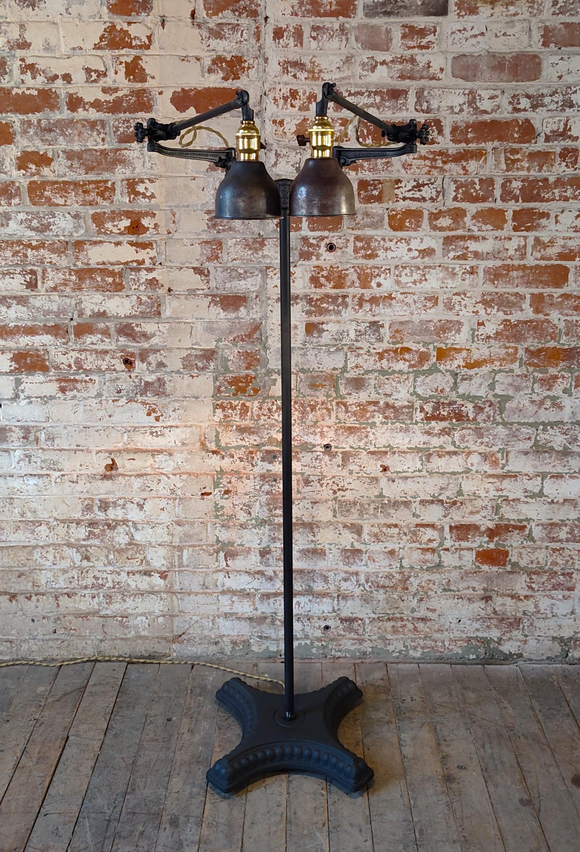 American Vintage Industrial Double Arm Articulating Floor Lamp with Solid Base For Sale