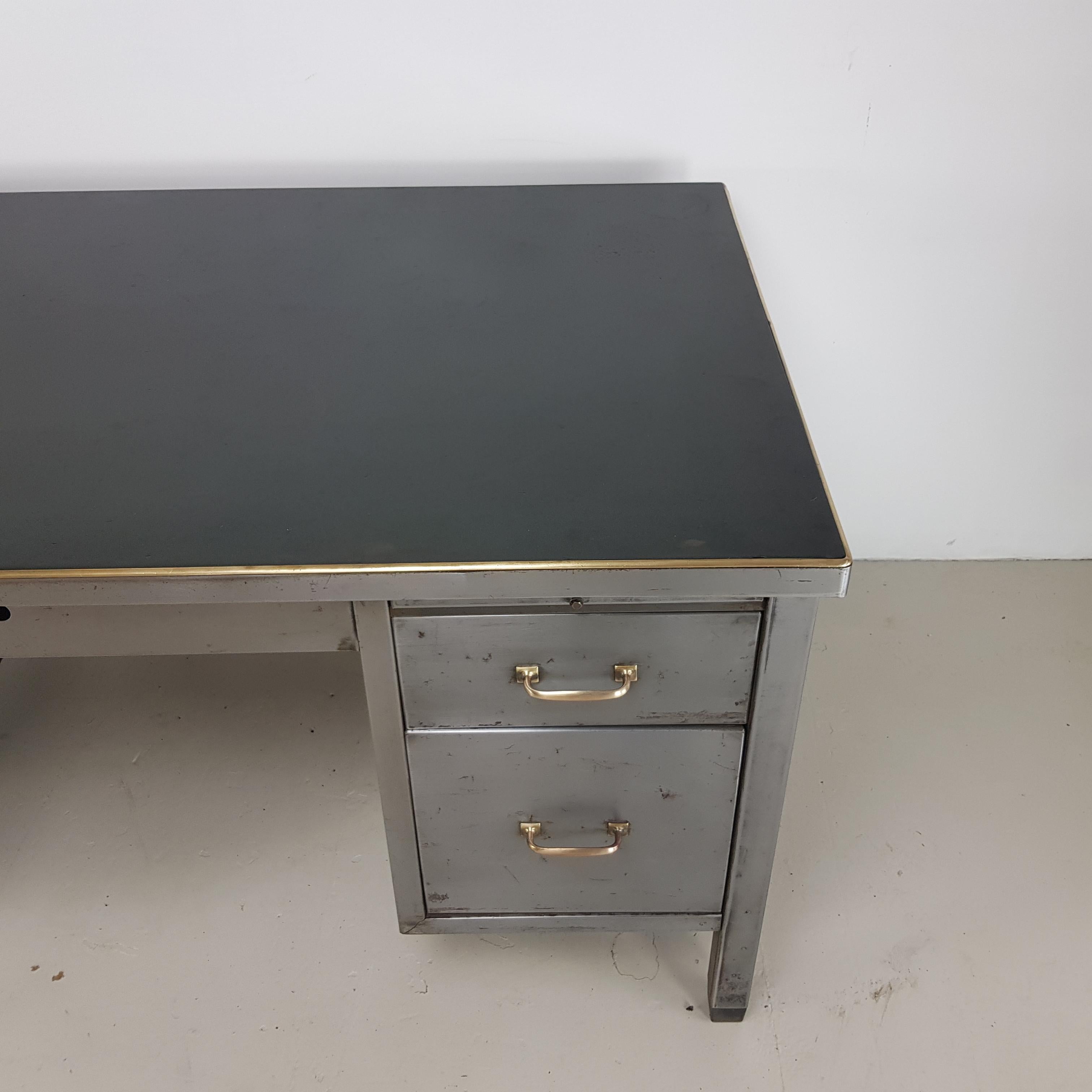 British Vintage Industrial Double Pedestal Stripped and Polished Steel Desk