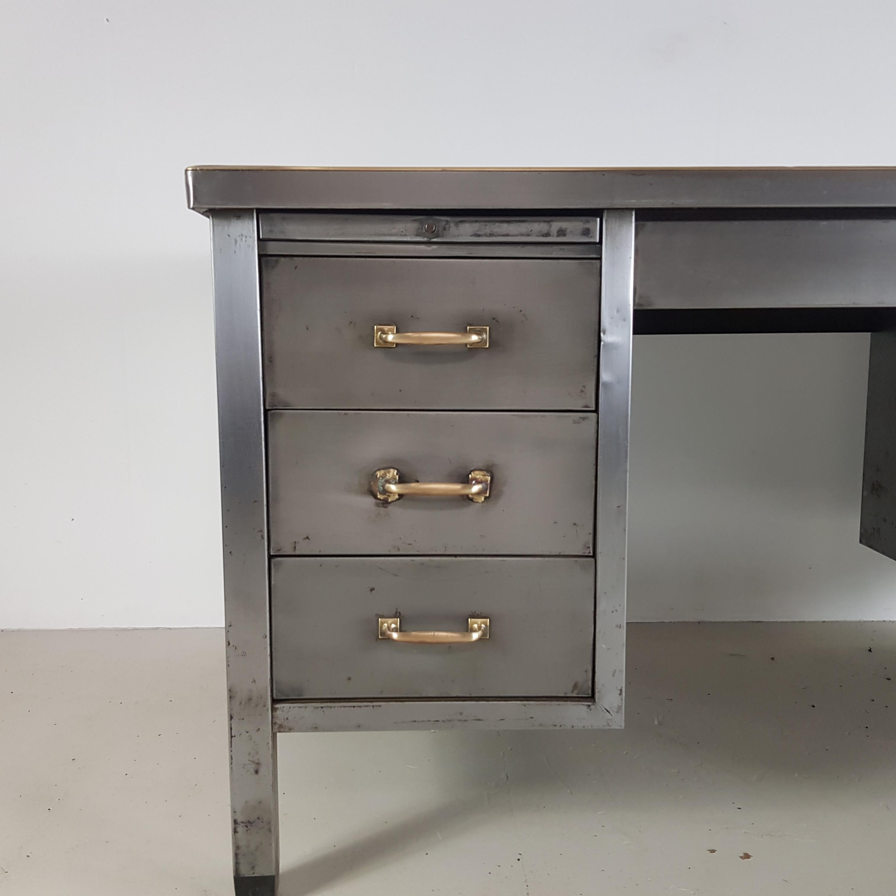 Vintage Industrial Double Pedestal Stripped and Polished Steel Desk In Good Condition In Lewes, East Sussex