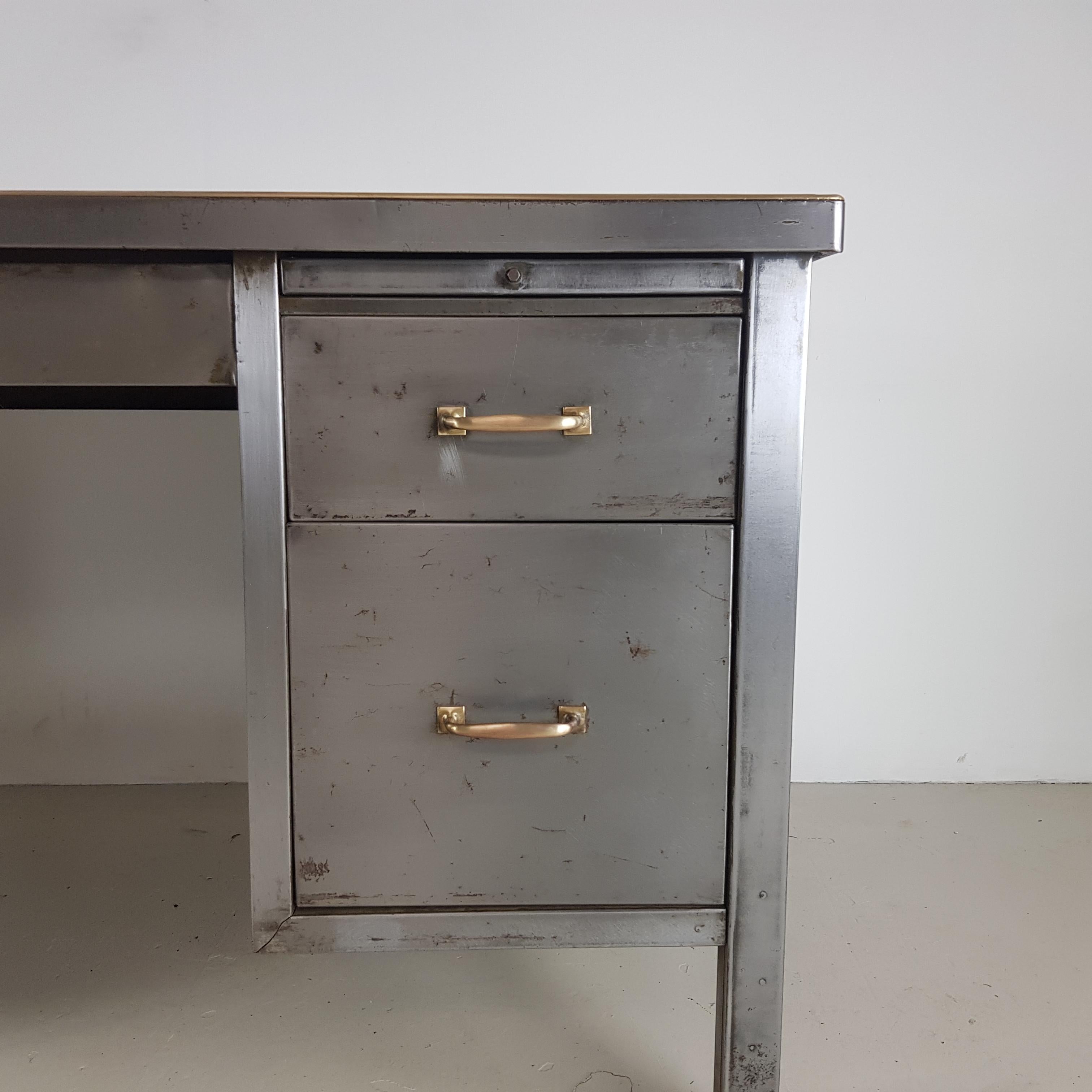 20th Century Vintage Industrial Double Pedestal Stripped and Polished Steel Desk