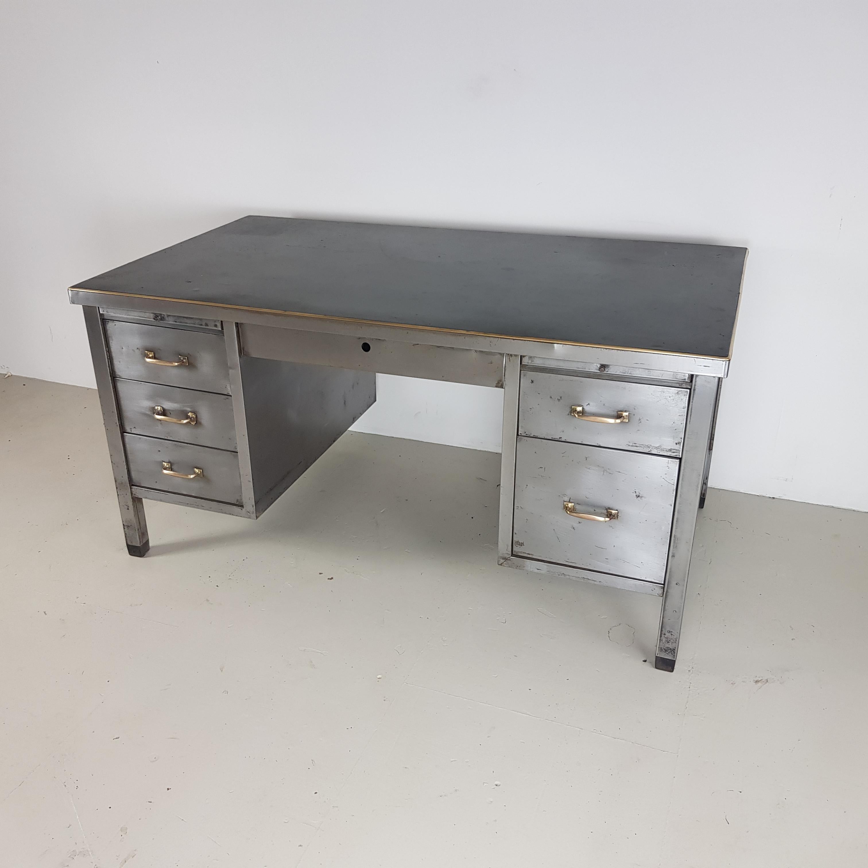 Vintage Industrial Double Pedestal Stripped and Polished Steel Desk 1