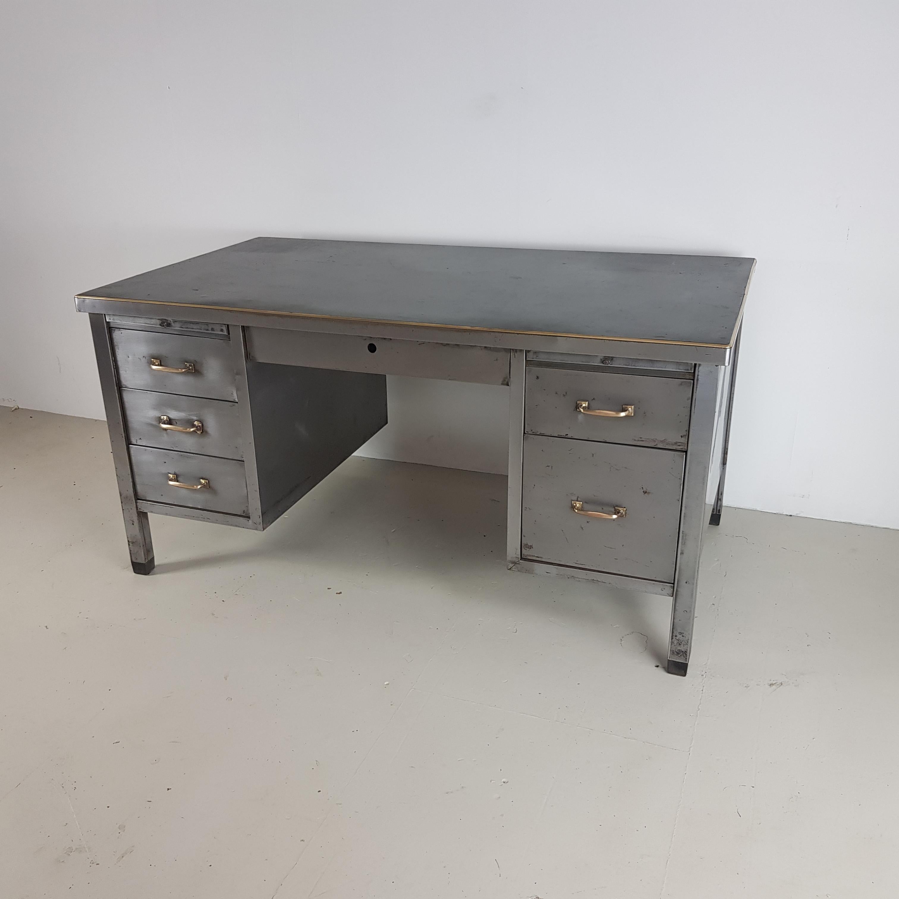 Vintage Industrial Double Pedestal Stripped and Polished Steel Desk 2