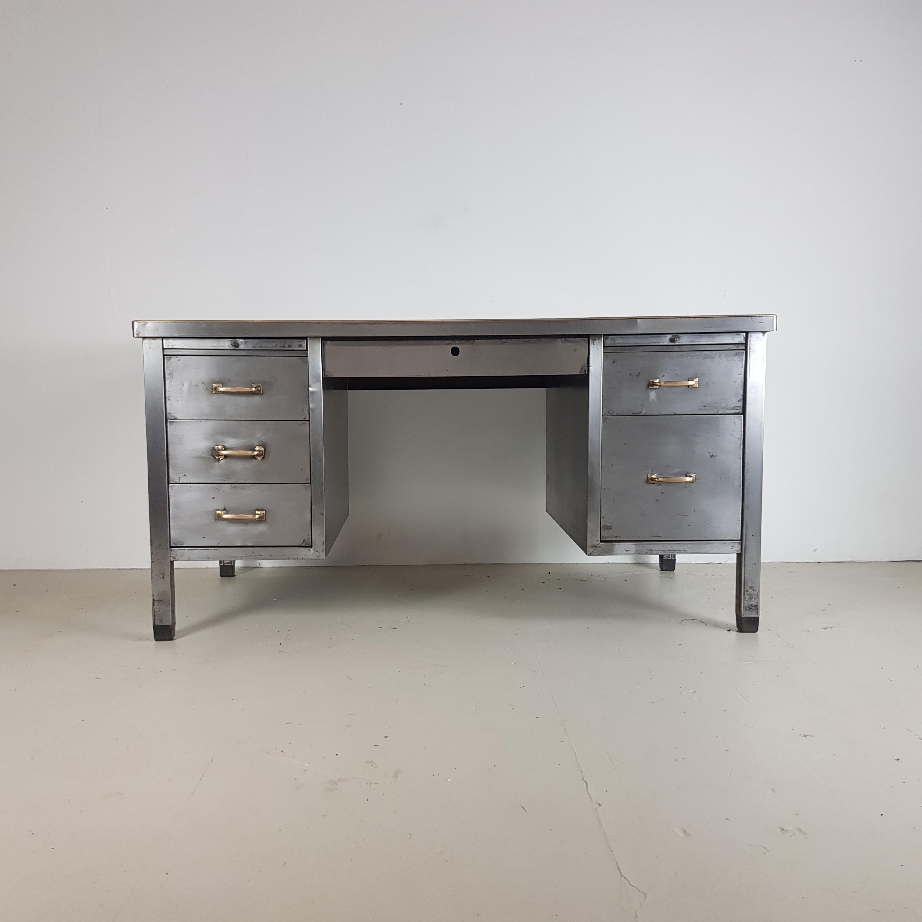 Vintage Industrial Double Pedestal Stripped and Polished Steel Desk 3