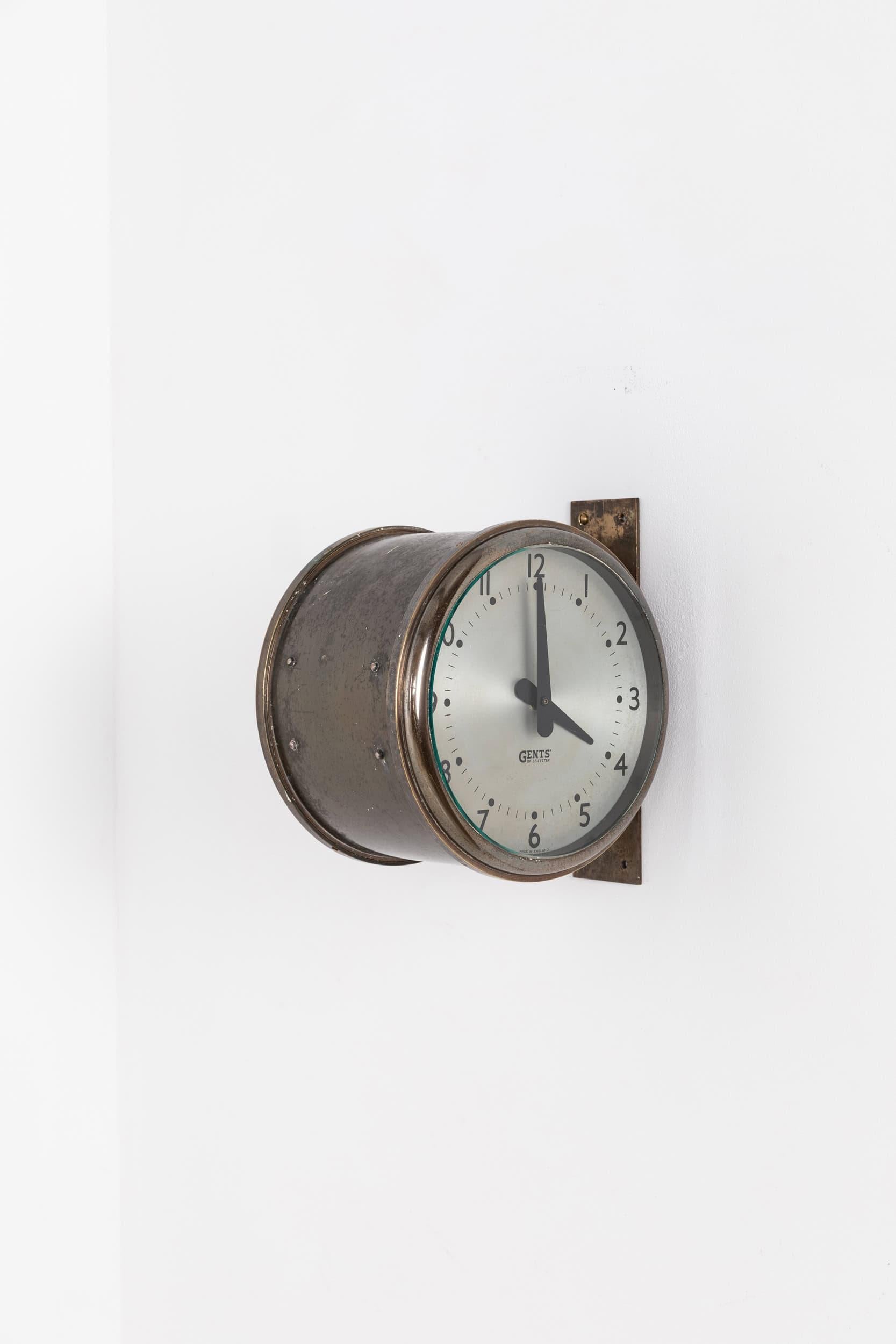 English Vintage Industrial Double Sided Brass Gents of Leicester Wall Clock, c 1940
