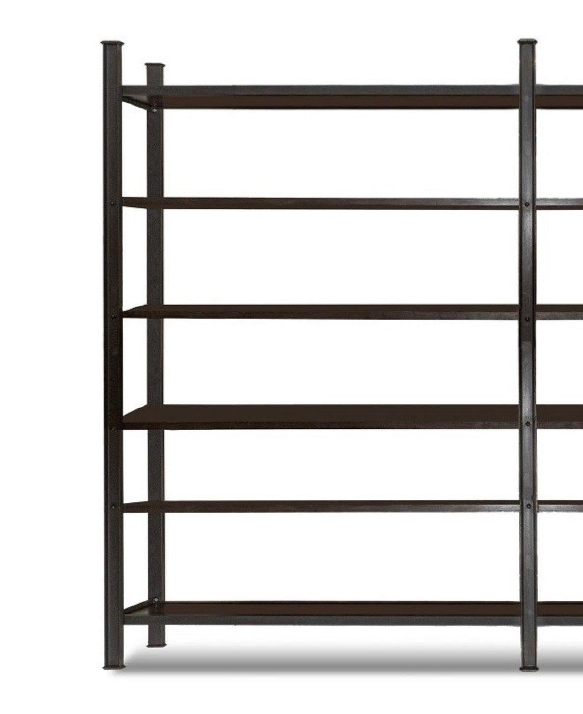 A Steel and Wood Double Width Bookshelf.

Features a dark bronze finish with six fixed dark brown wood shelves complemented by stylized caps on the feet and top posts. 

Dimensions: Each shelf is approx. 15