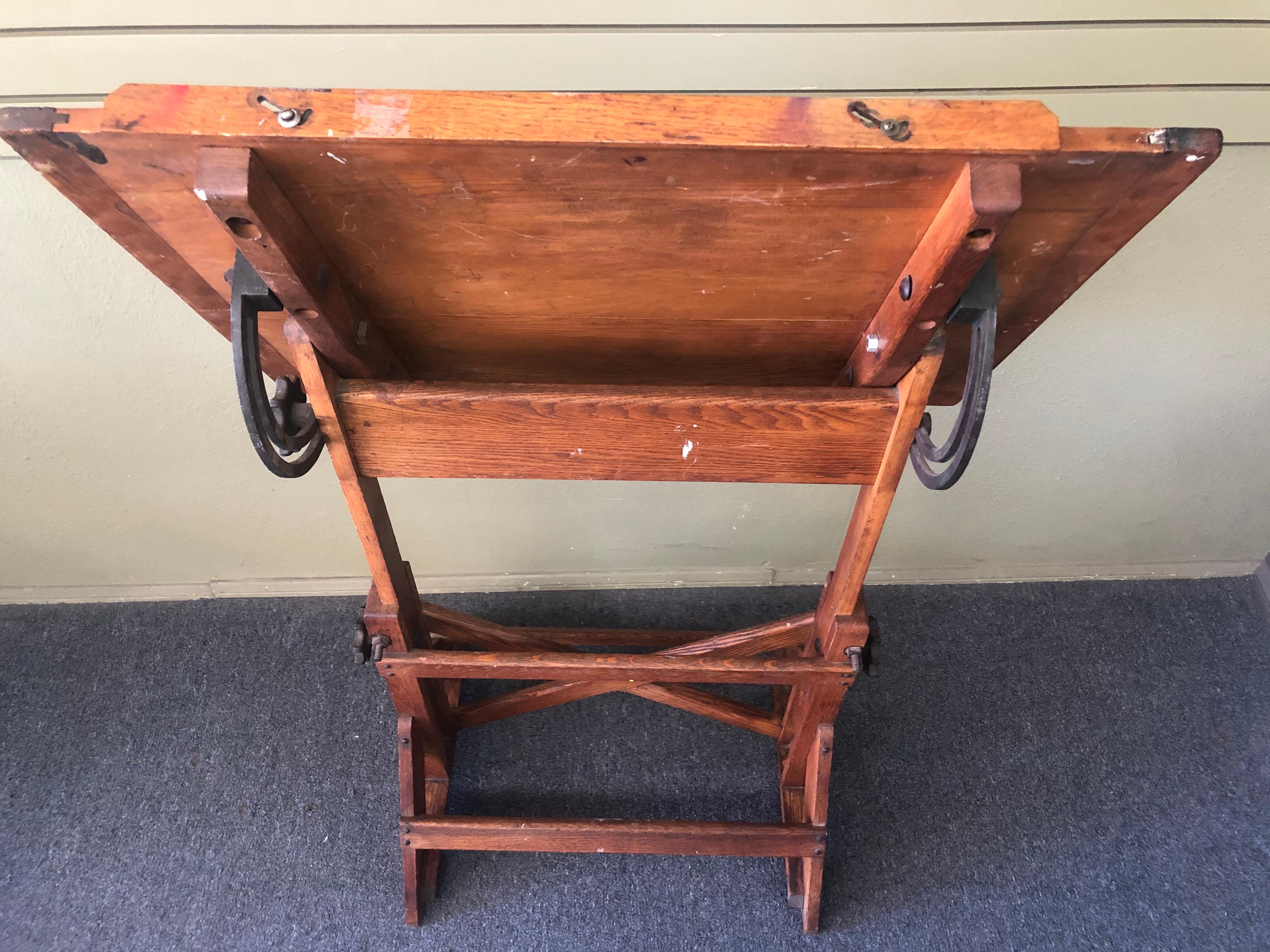 Vintage Industrial Drafting Table or Desk by The F. Weber Co. of Philadelphia In Distressed Condition In San Diego, CA