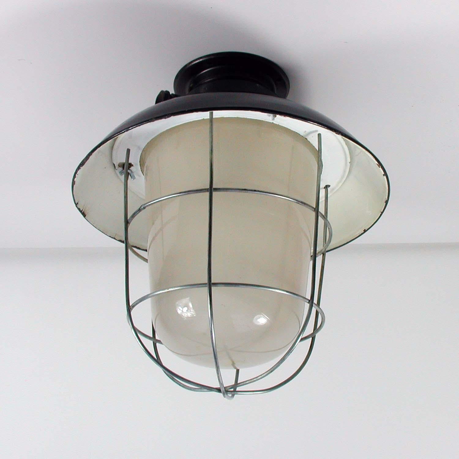 Mid-20th Century Vintage Industrial Enamel & Milk Glass Ceiling Light, Germany, 1950s