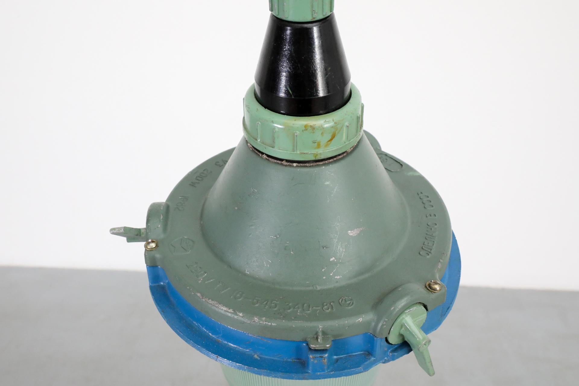 Vintage Industrial Enameled Metal Factory Lamps w/ Glass Shades and Steel Stems For Sale 5