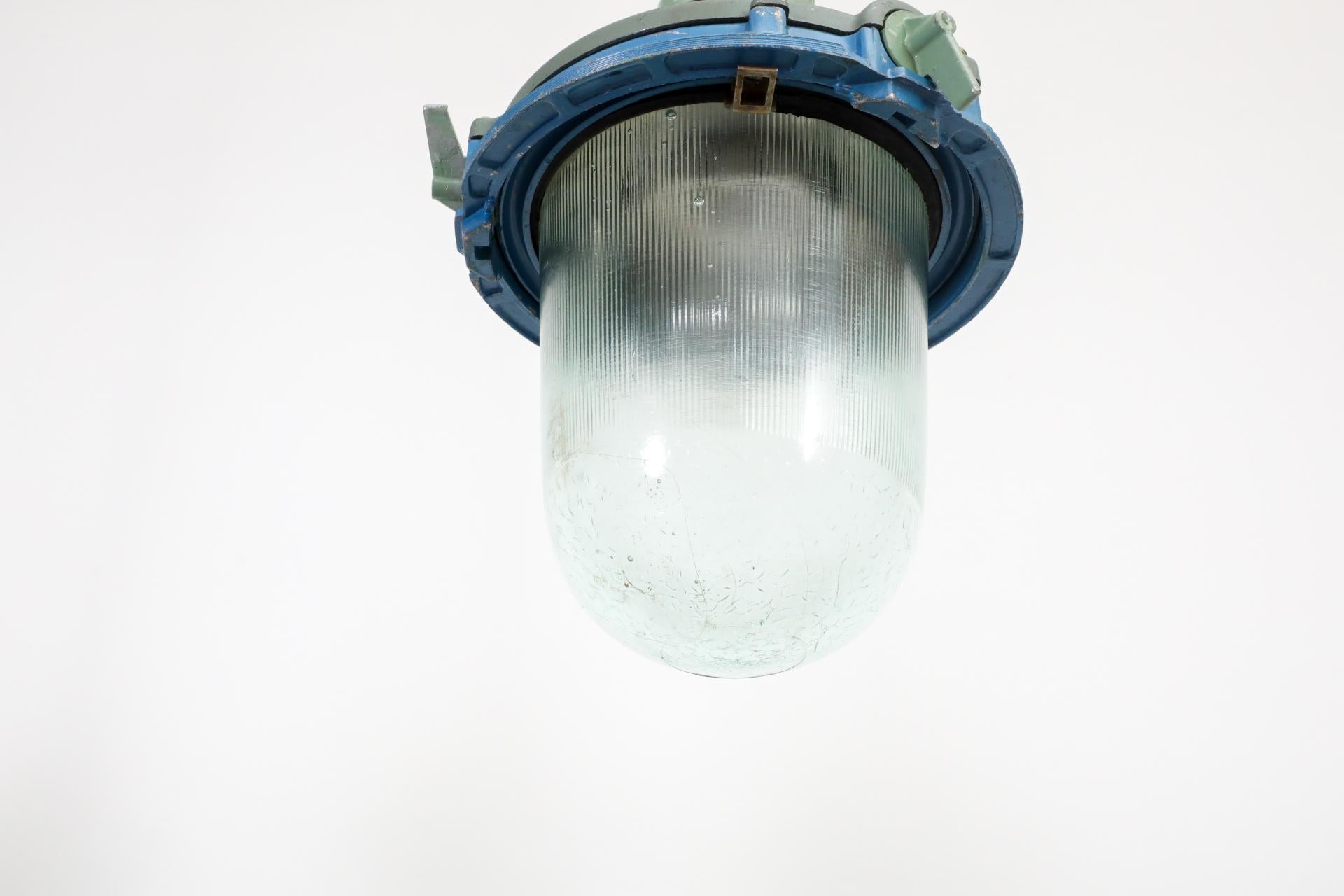 Vintage Industrial Enameled Metal Factory Lamps w/ Glass Shades and Steel Stems For Sale 6