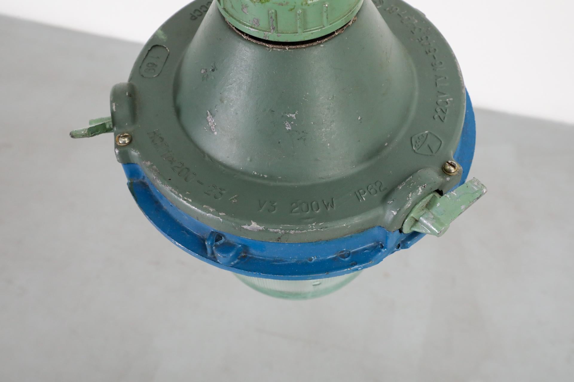 Vintage Industrial Enameled Metal Factory Lamps w/ Glass Shades and Steel Stems For Sale 8