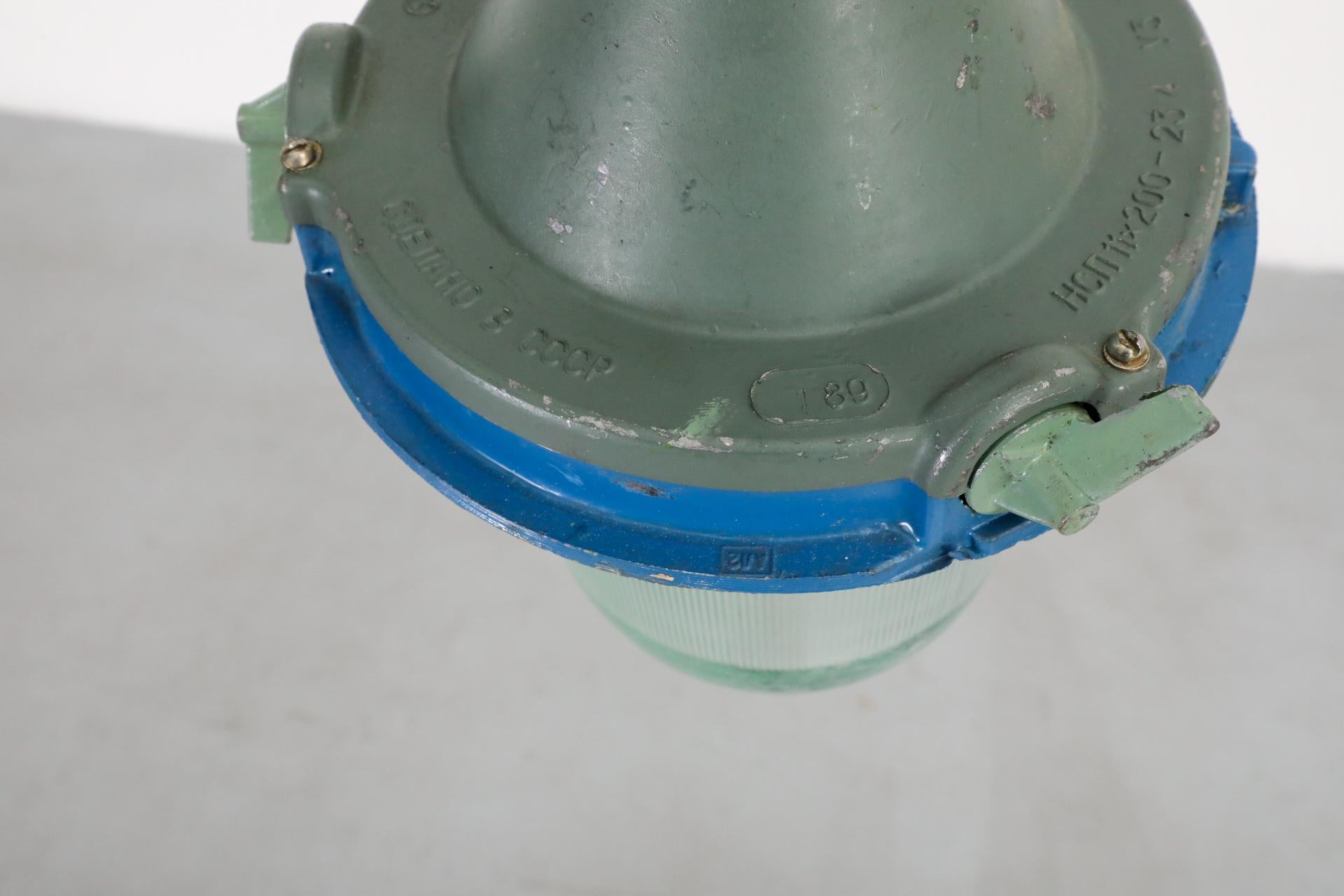 Vintage Industrial Enameled Metal Factory Lamps w/ Glass Shades and Steel Stems For Sale 9