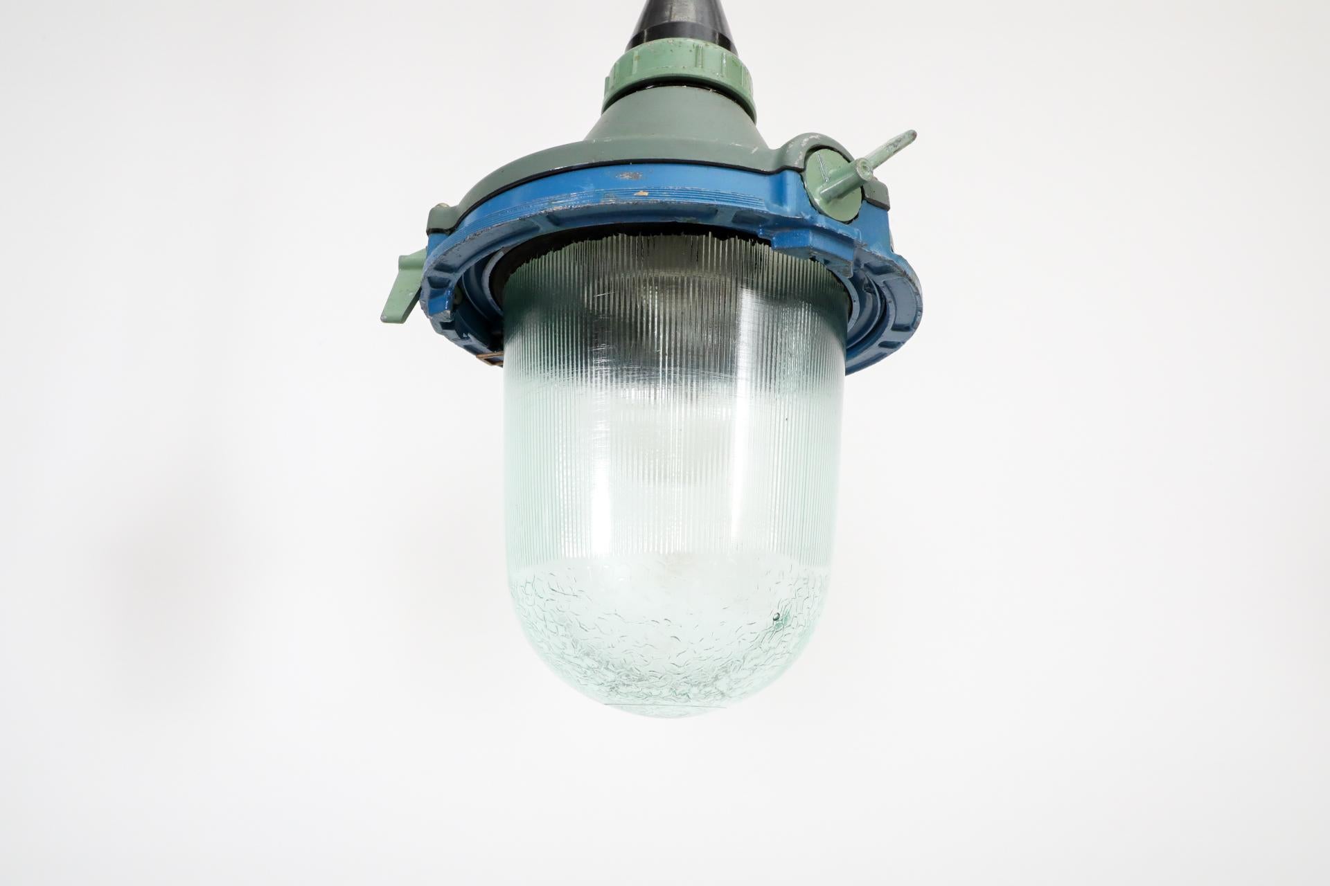 Vintage Industrial Enameled Metal Factory Lamps w/ Glass Shades and Steel Stems For Sale 10