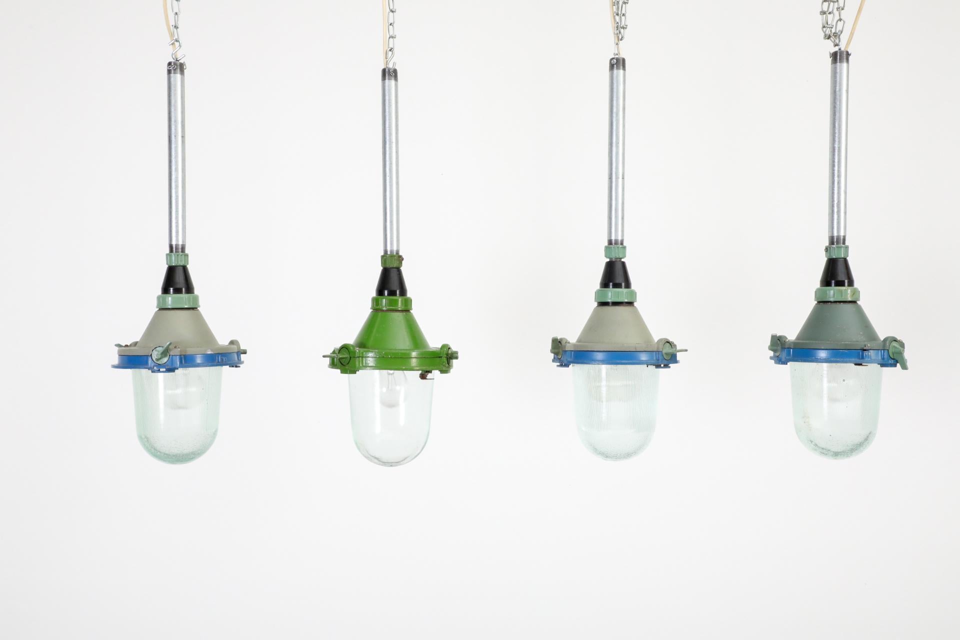 Vintage Industrial Enameled Metal Factory Lamps w/ Glass Shades and Steel Stems For Sale 11