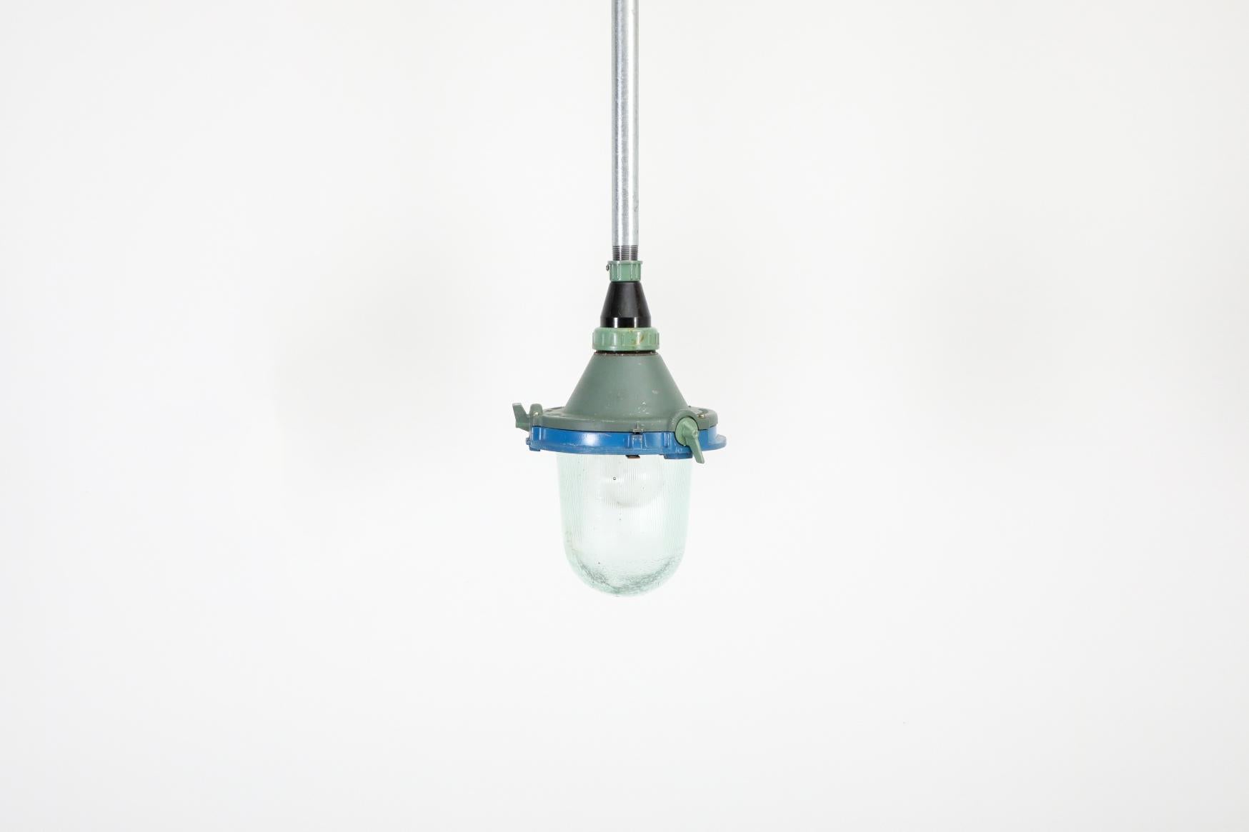 Vintage Industrial Enameled Metal Factory Lamps w/ Glass Shades and Steel Stems For Sale 1