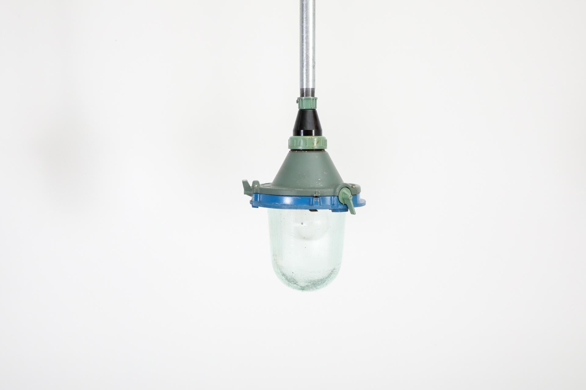 Vintage Industrial Enameled Metal Factory Lamps w/ Glass Shades and Steel Stems For Sale 2