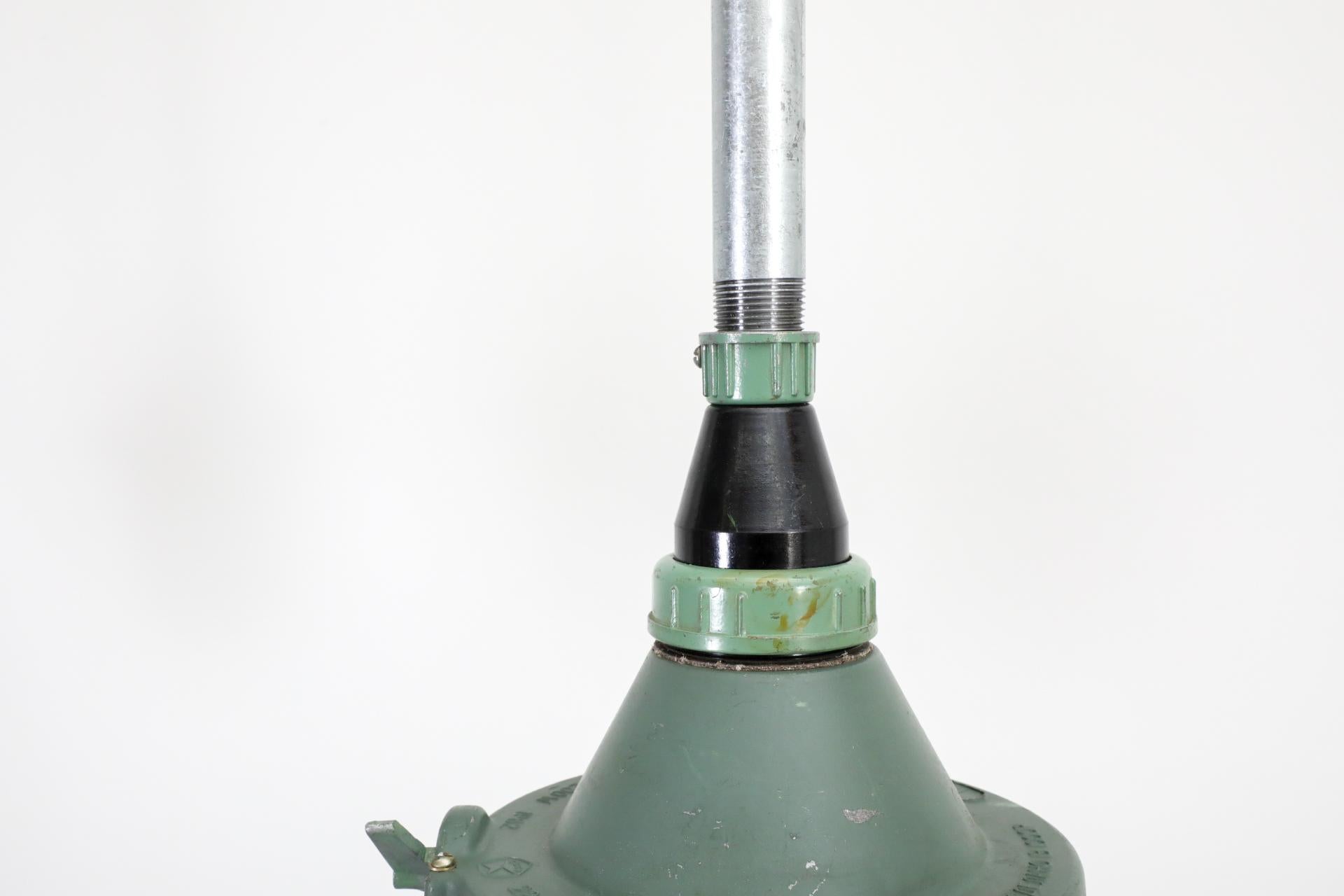 Vintage Industrial Enameled Metal Factory Lamps w/ Glass Shades and Steel Stems For Sale 3