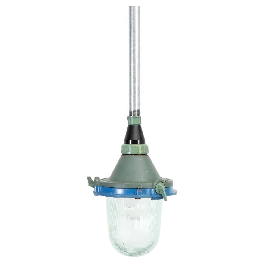 Vintage Industrial Enameled Metal Factory Lamps w/ Glass Shades and Steel Stems For Sale