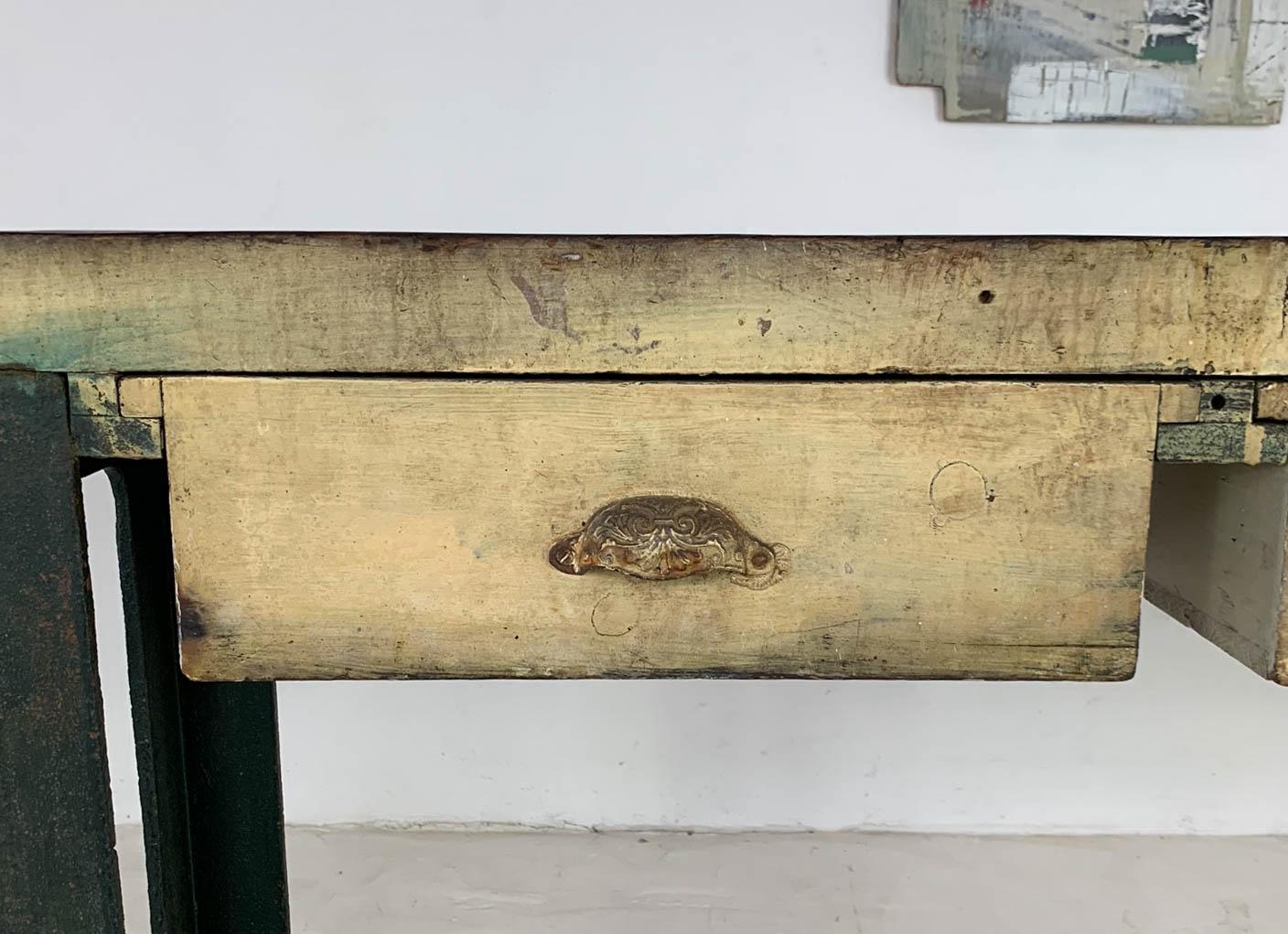 Vintage Industrial Engineer's Workbench Side Table on Cast Iron Ends 4