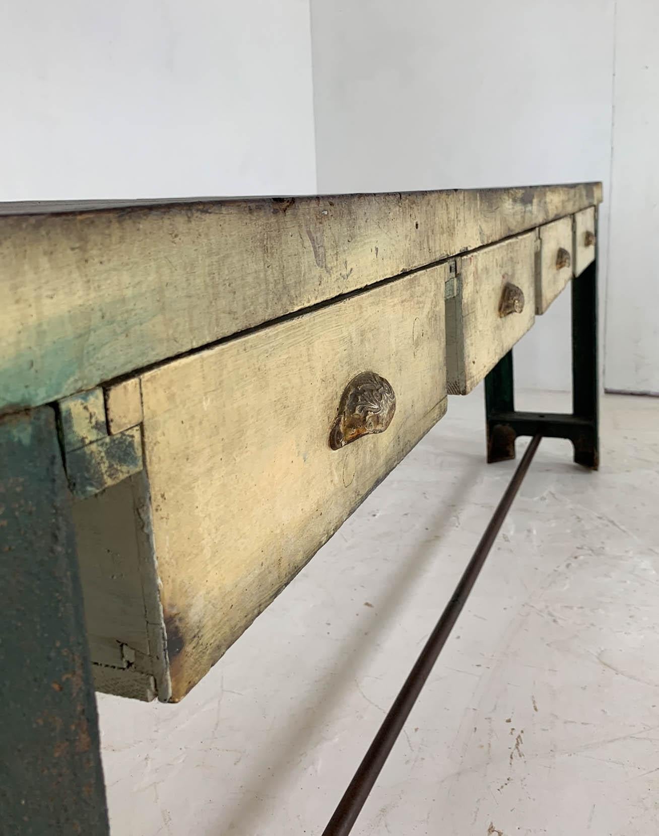 Vintage Industrial Engineer's Workbench Side Table on Cast Iron Ends 6