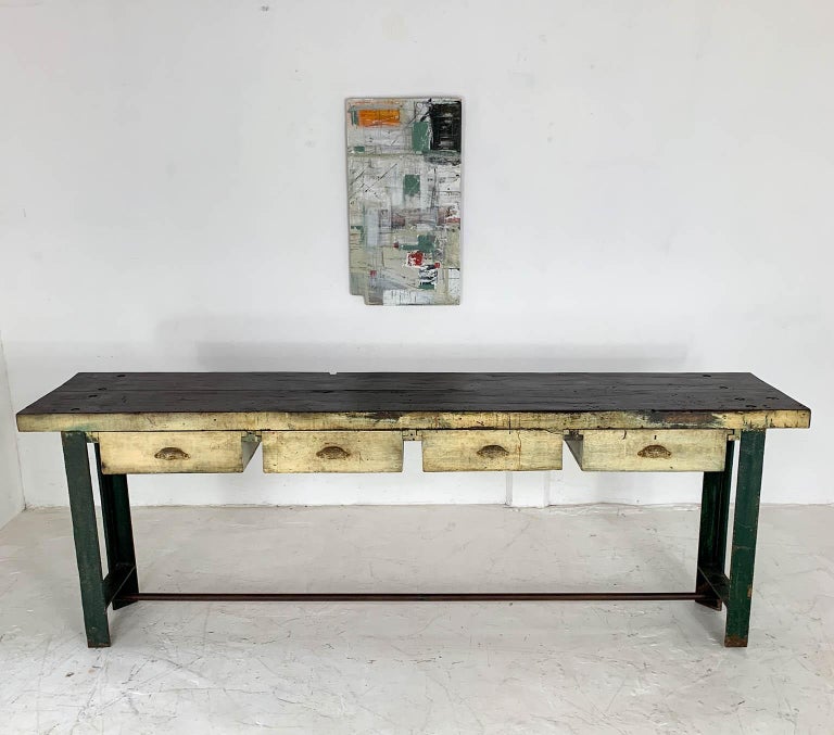 Vintage Industrial Engineer's Workbench Side Table on Cast Iron Ends at ...