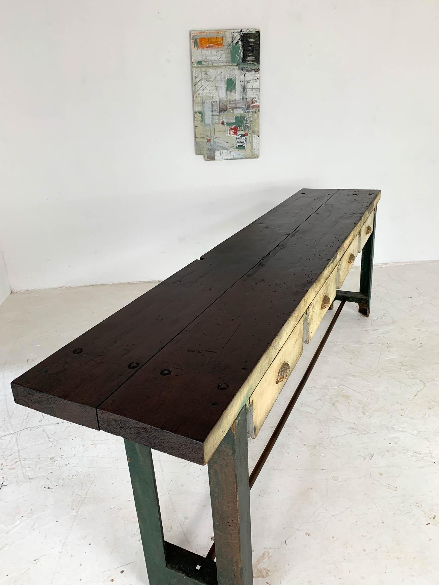  Vintage Industrial Engineer's Workbench Side Table on Cast Iron Ends In Good Condition In Culverthorpe, Lincs