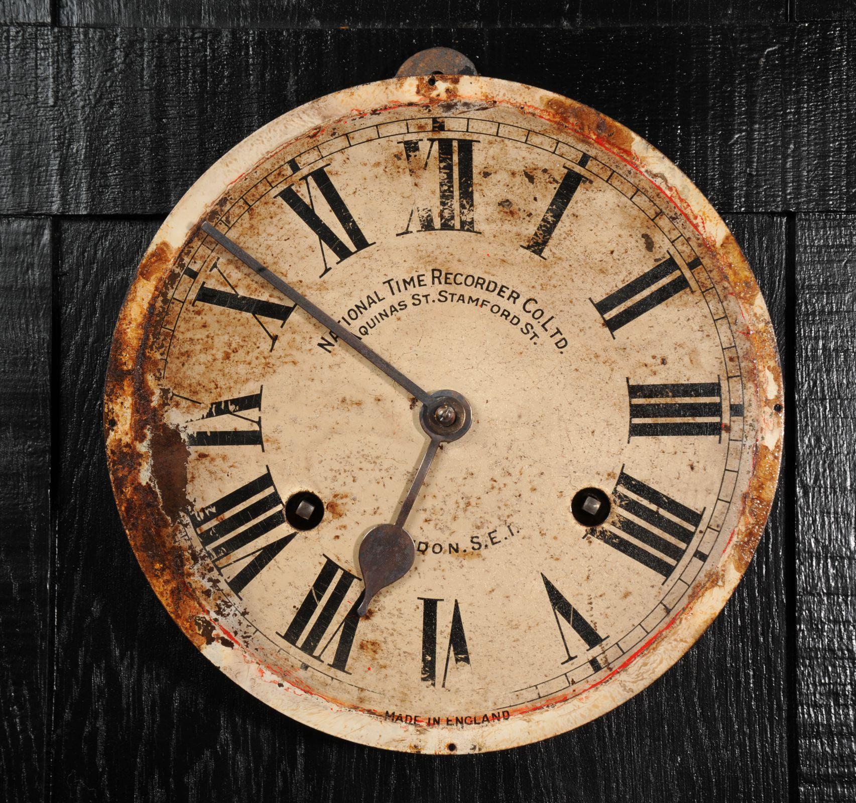 A lovely painted dial by the National Time Recorder Co Ltd of London. Recovered from a derelict industrial building it has scars of its hard working life with glorious original flaky paint, old over-paint, varnish and old rust. Bearing witness to