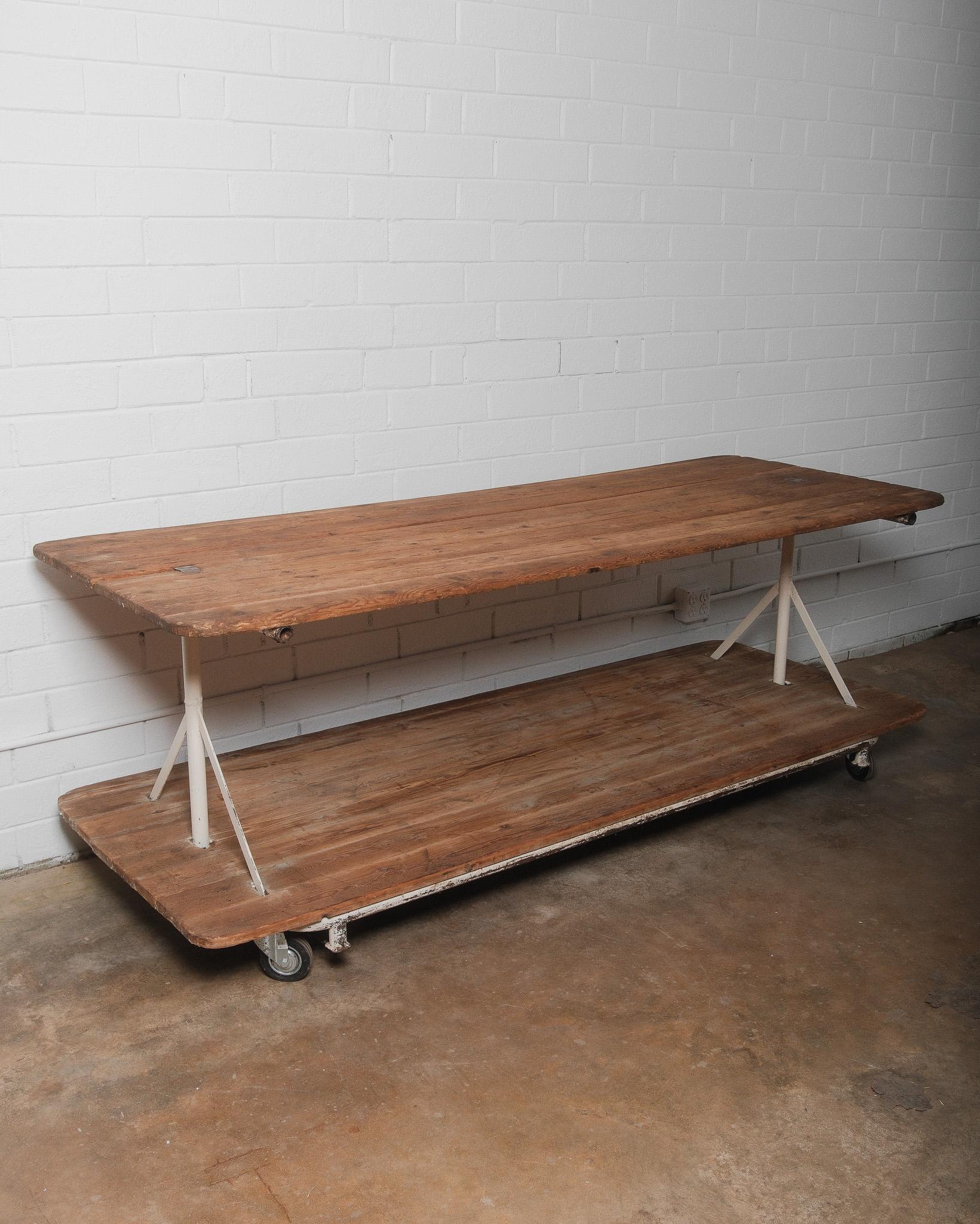 Metal Vintage Industrial Factory Cart Table with Two-Tier Pine Plank Surface For Sale