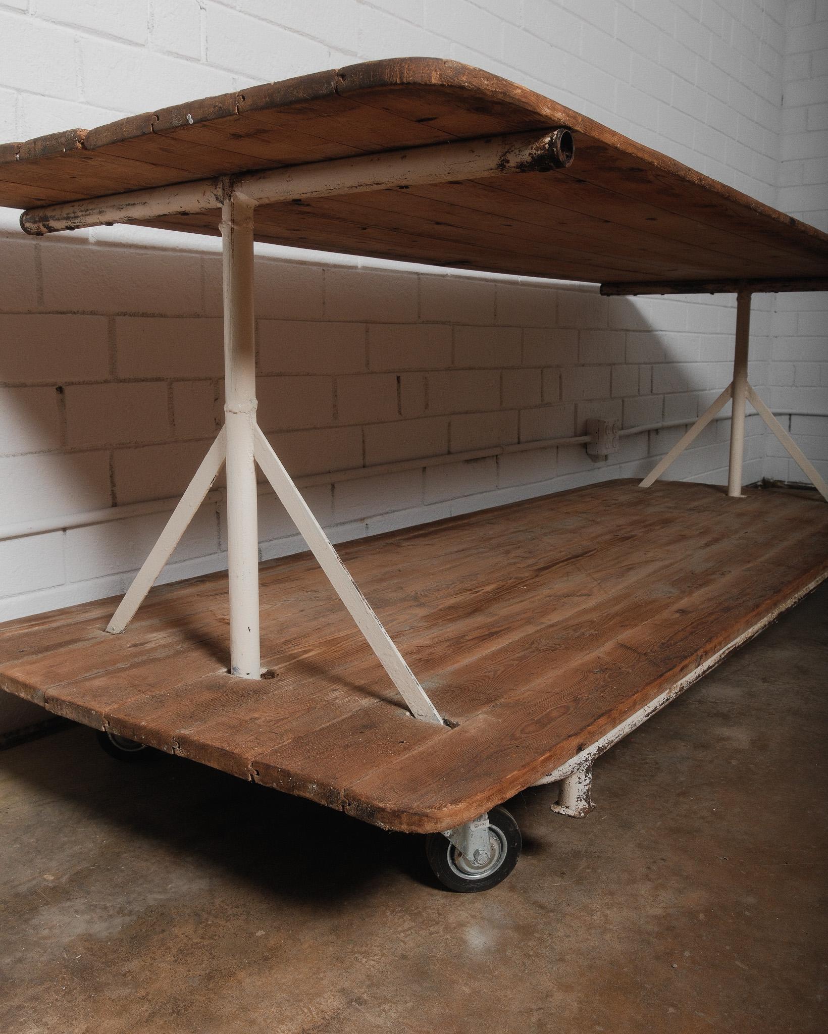 Vintage Industrial Factory Cart Table with Two-Tier Pine Plank Surface For Sale 1