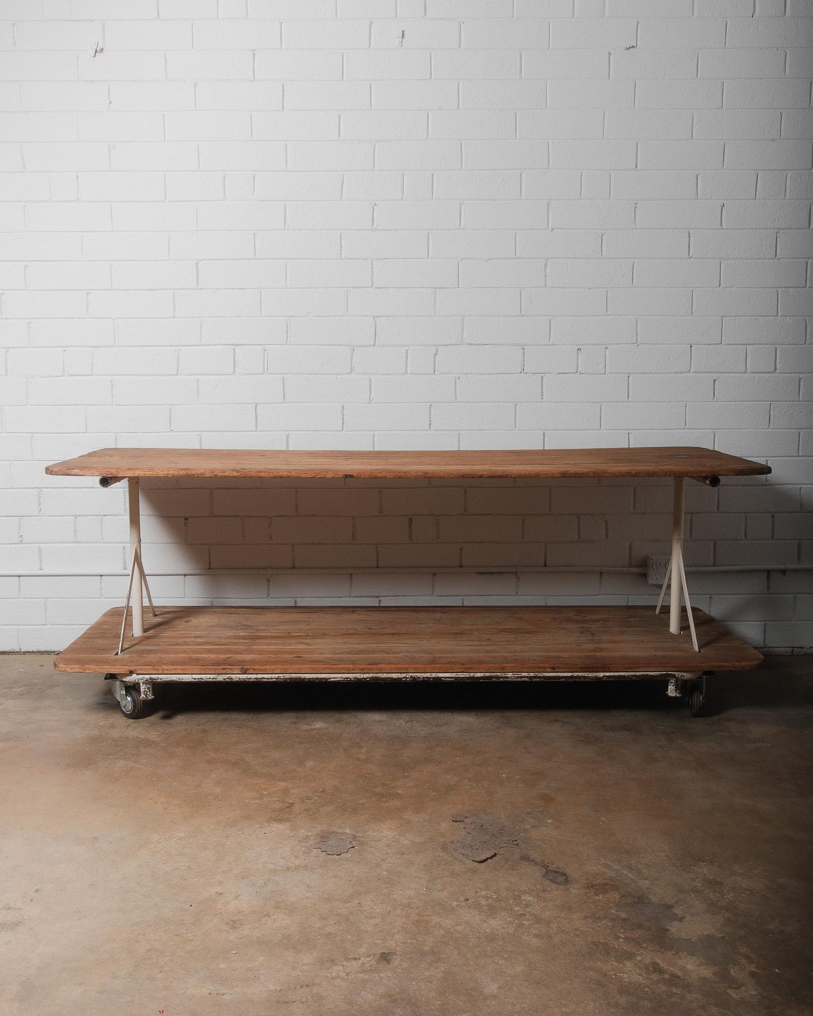 Vintage Industrial Factory Cart Table with Two-Tier Pine Plank Surface For Sale 2